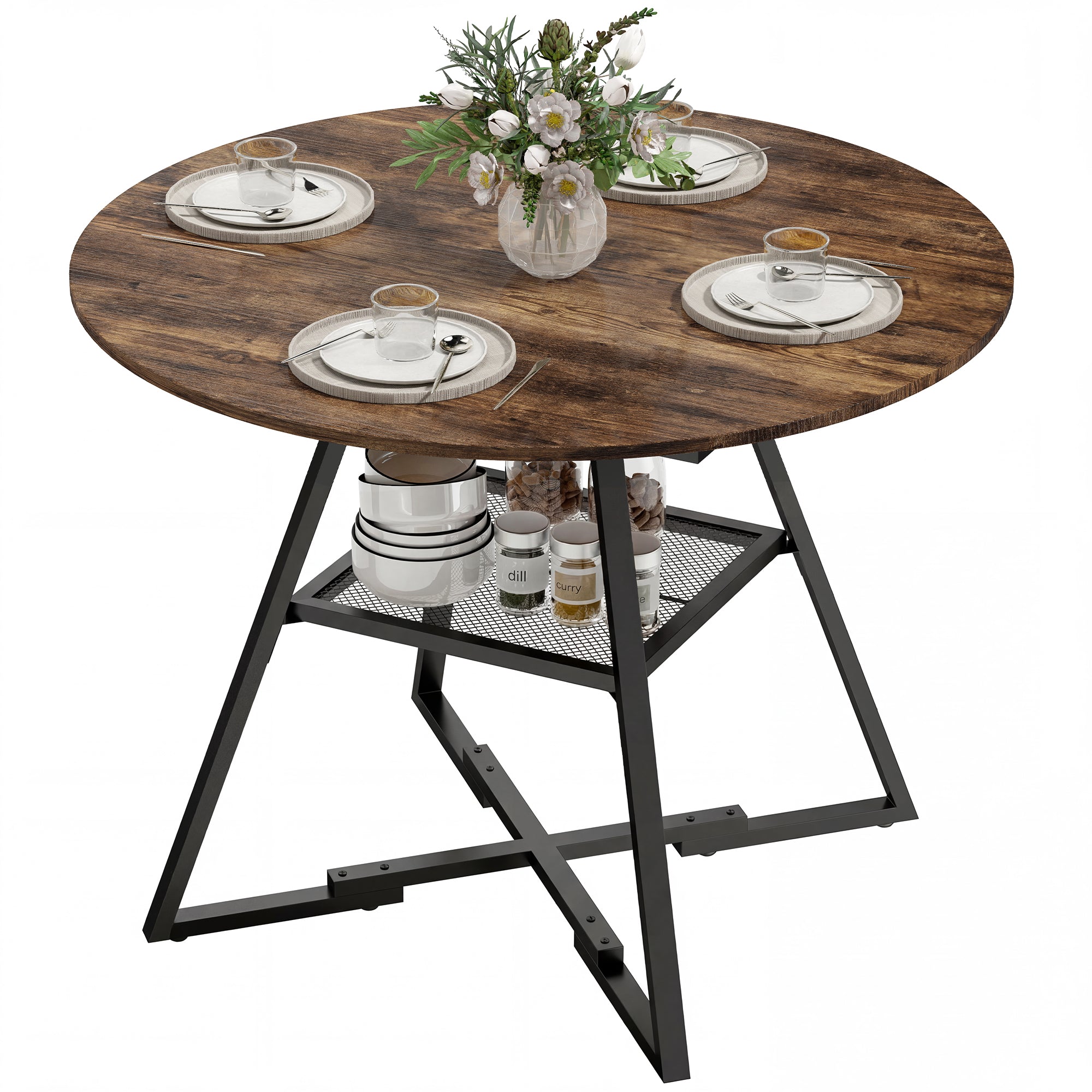 HOMCOM ronde eettafel voor 4 personen, 100 x 76 cm, industriële keukentafel met groot blad en opbergplank, metalen frame, rustiek bruin