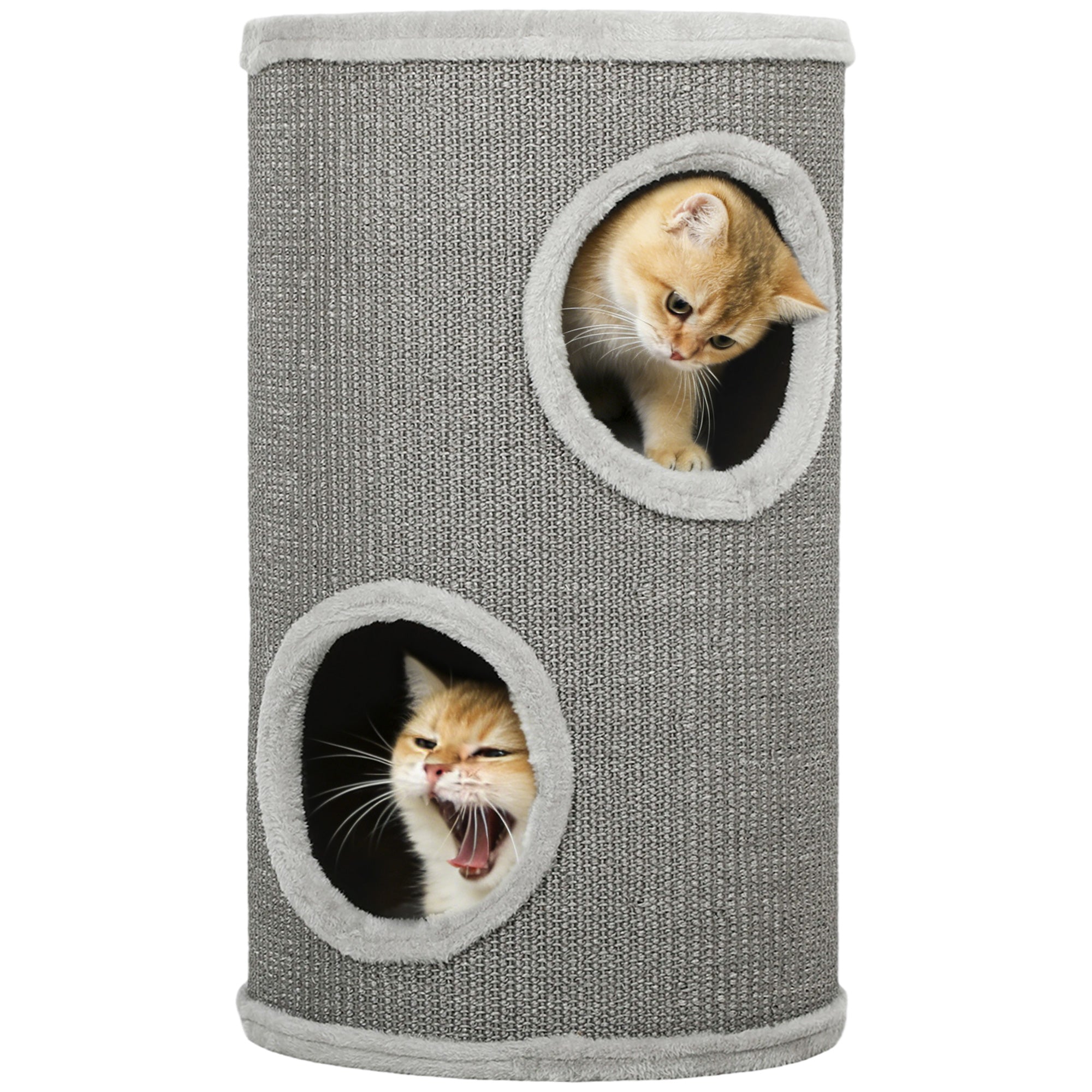 Barrel Cat Scratcher, 60 cm H x 35 cm ? – Two-Level Cat Tower with 2 Hideouts, Plush-Edged Scratcher for 1–2 Cats up to 5 kg, Light Gray