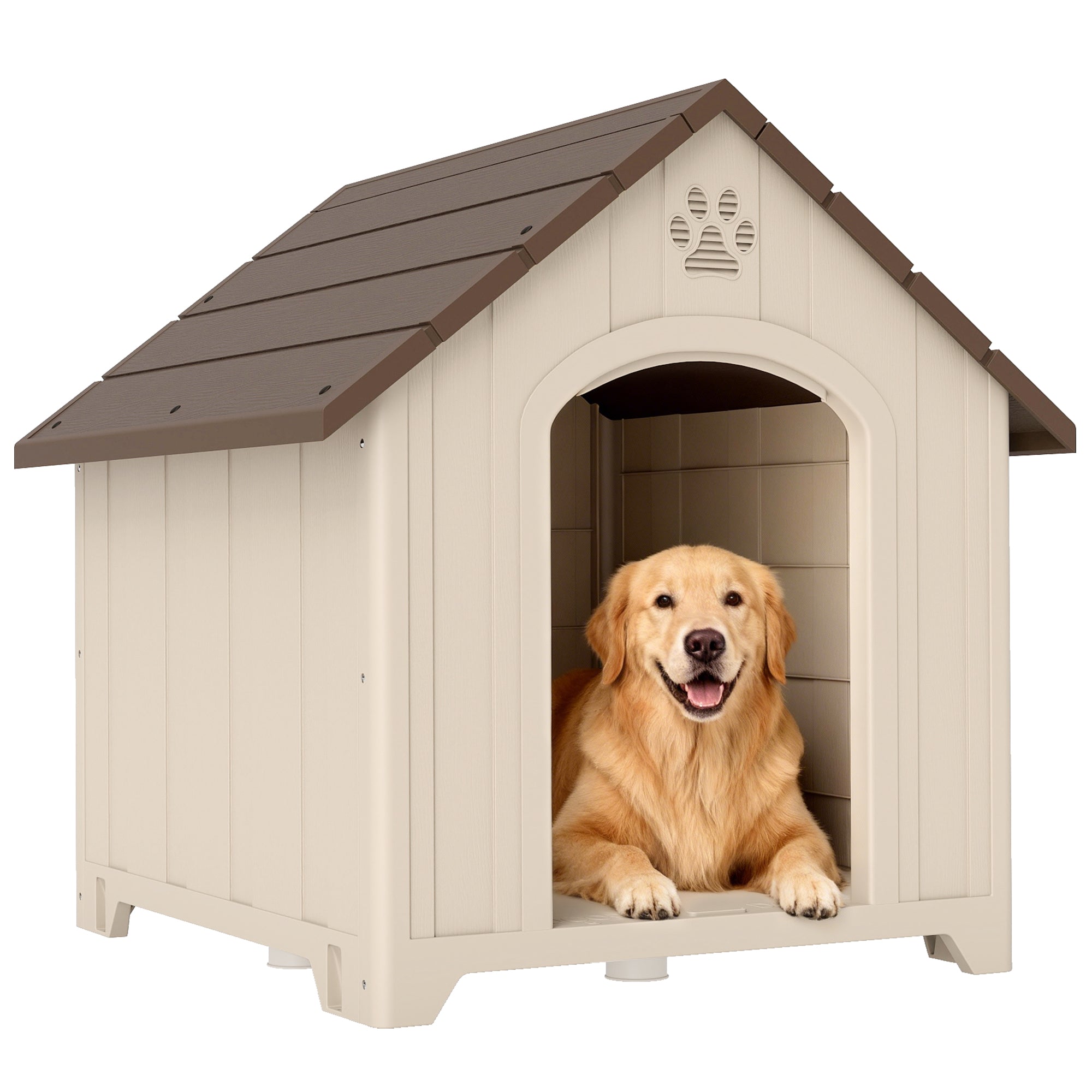 PawHut forhøjet udendørshundehus til mellemstore og store hunde — skråtag, ventilation og jordankre, PP, 88 x 78 x 89 cm (Beige/mørkebrun)