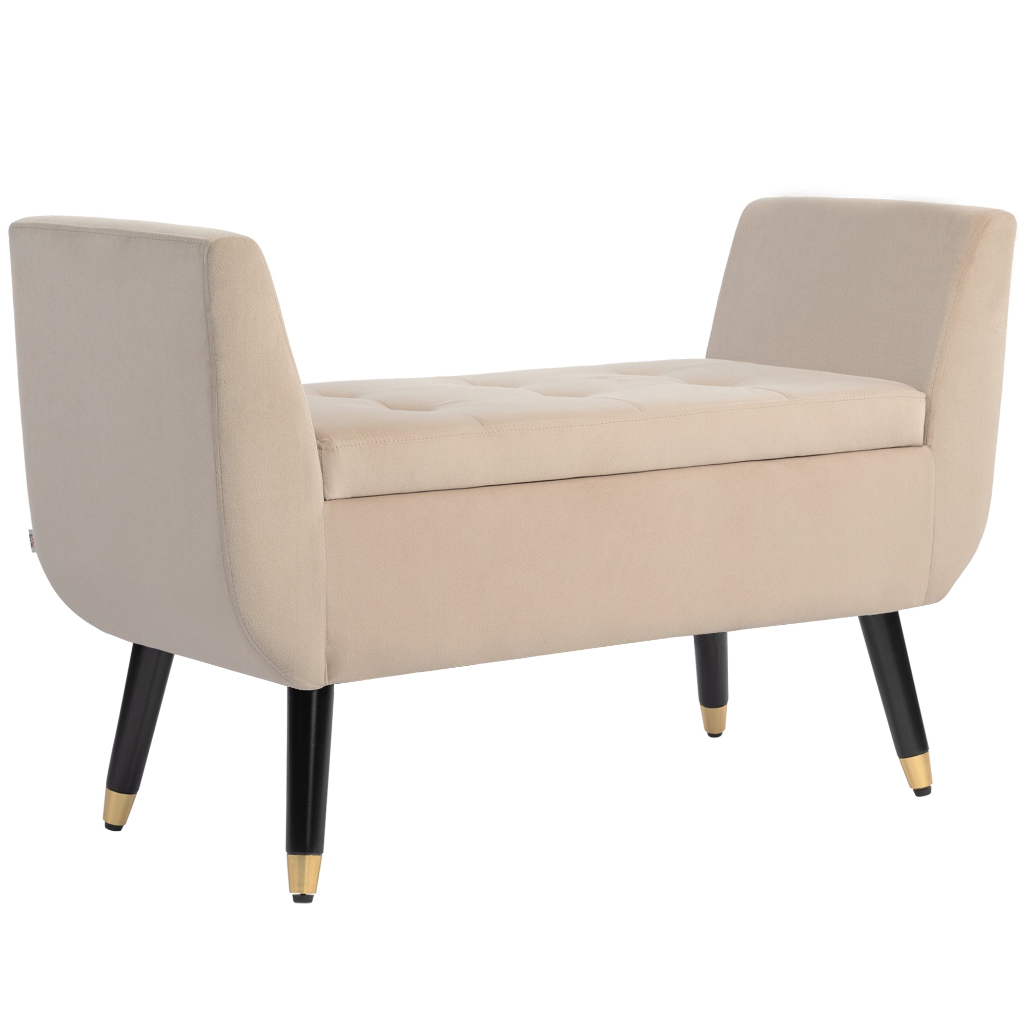 HOMCOM Tárolós Pad Karfákkal Kárpitozott Pad Velúr Hatással, Tárolórekesz Fa Lábakkal, Előtér Pad Nappaliba, Hálószobába, Előszobába - 107 x 42 x 65 cm, Bézs