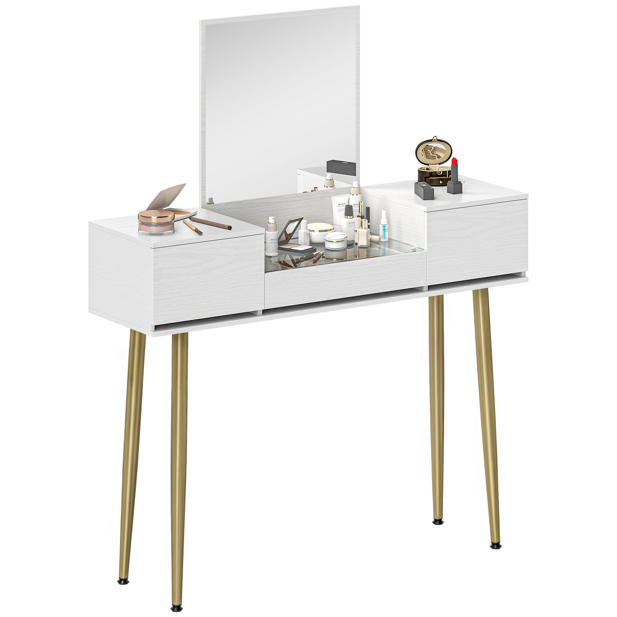 Coiffeuse HOMCOM avec Miroir et Plateau en Verre Trempé Visible - Table de Maquillage Moderne avec 3 Tiroirs pour Chambre - Blanc