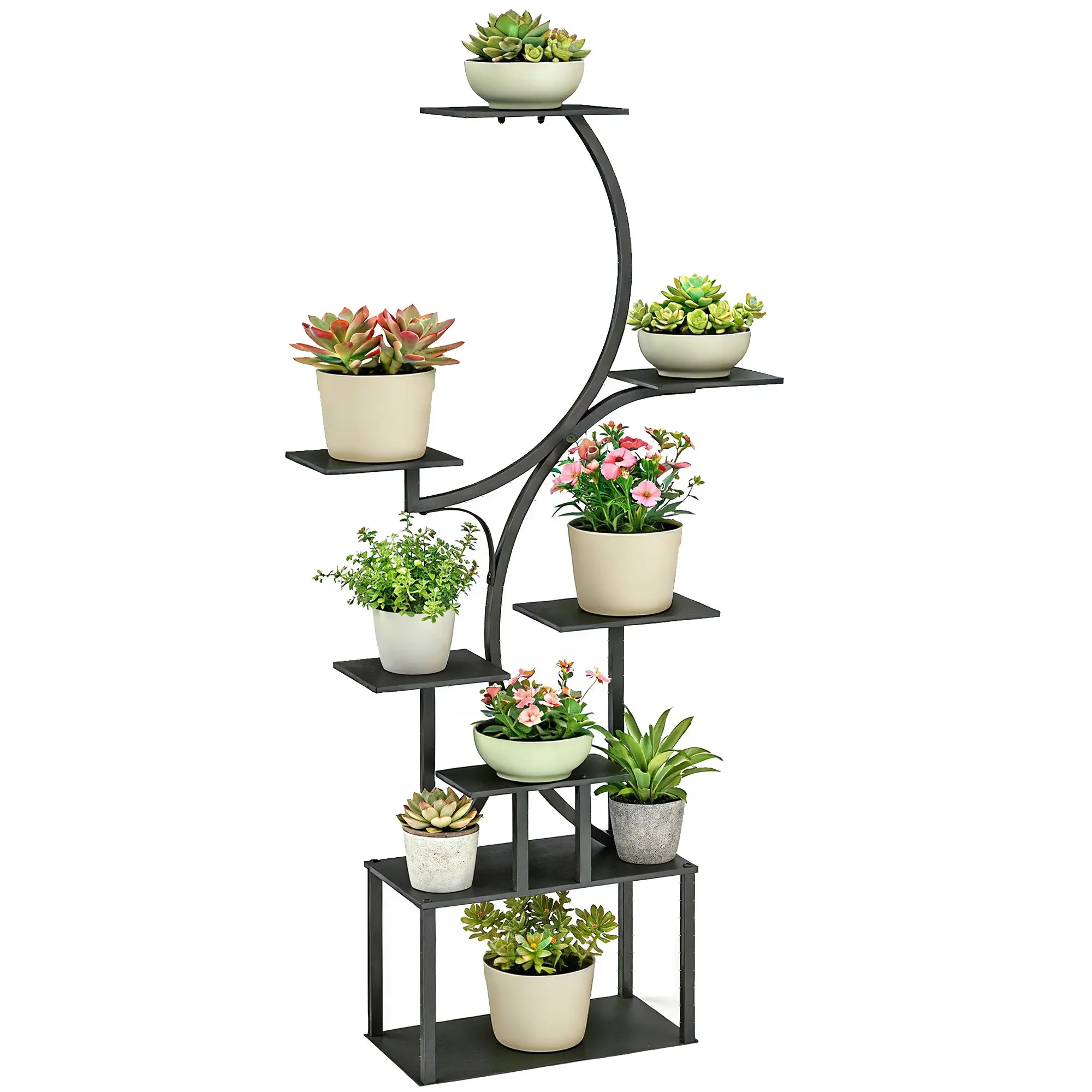 8-Tier S-Shaped Metal Plant Stand, Indoor/Outdoor Plant Rack for Garden, Balcony, Patio, Living Room, 29.1 x 10.2 x 62.4 in, Black