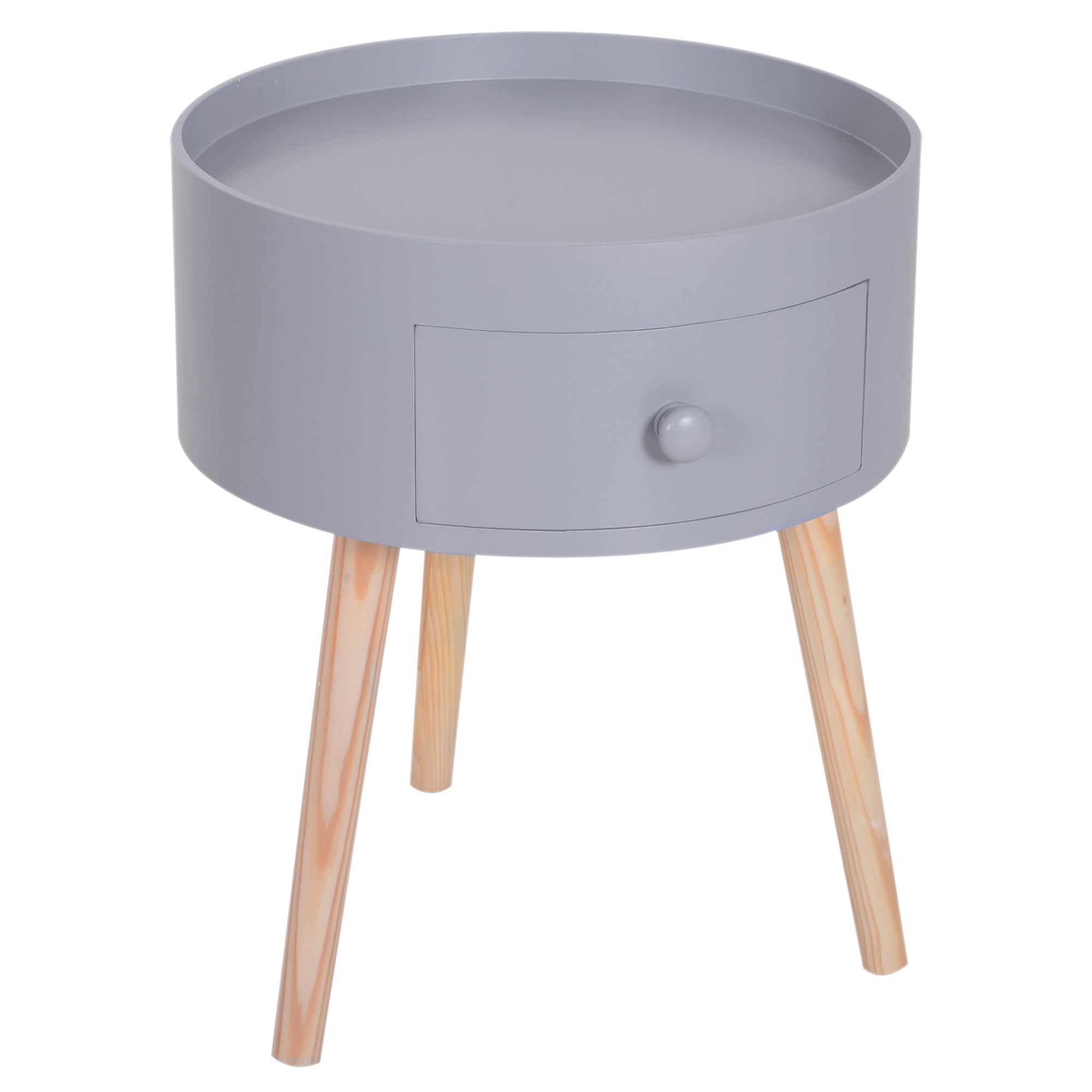 HOMCOM Couchtisch - Nachttisch - runder Nachttisch - Skandinavischer Design-Beistelltisch mit Schublade, konisch zulaufenden, schrägen Beinen aus massivem Holz in hell Eiche und Grau