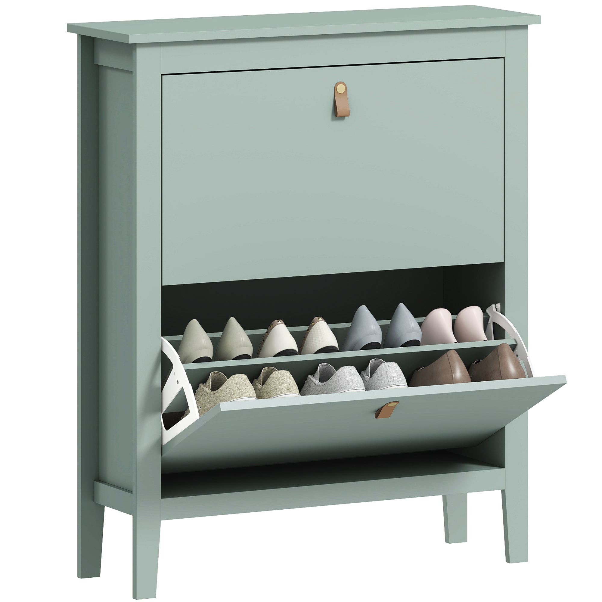 Space-Saving Shoe Cabinet with 2 Flip Drawers for 14 Pairs of Shoes, Entryway Furniture with Adjustable and Removable Shelves for Shoes Up to EU44 Size, 80x24x95.5cm, Green