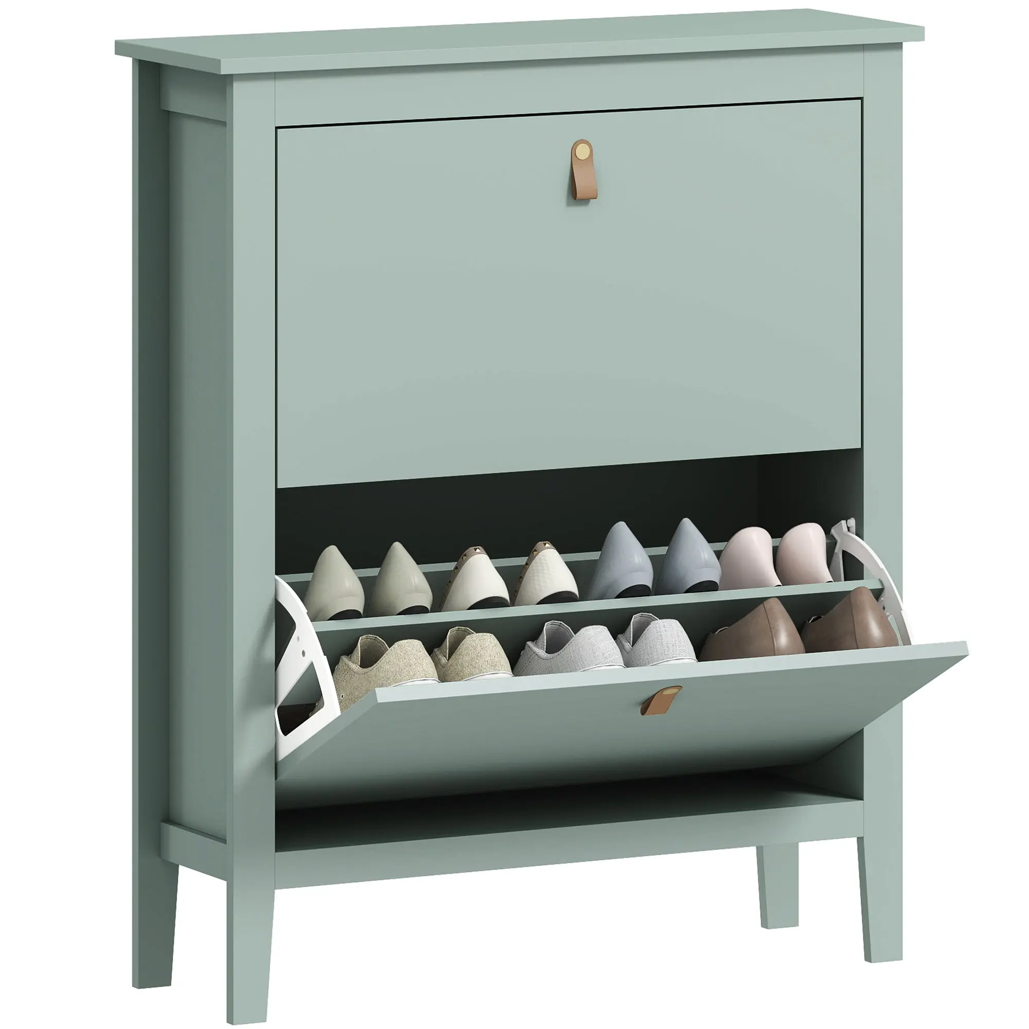 Space-Saving Shoe Cabinet with 2 Flip Drawers for 14 Pairs of Shoes, Entryway Furniture with Adjustable and Removable Shelves for Shoes Up to EU44 Size, 80x24x95.5cm, Green