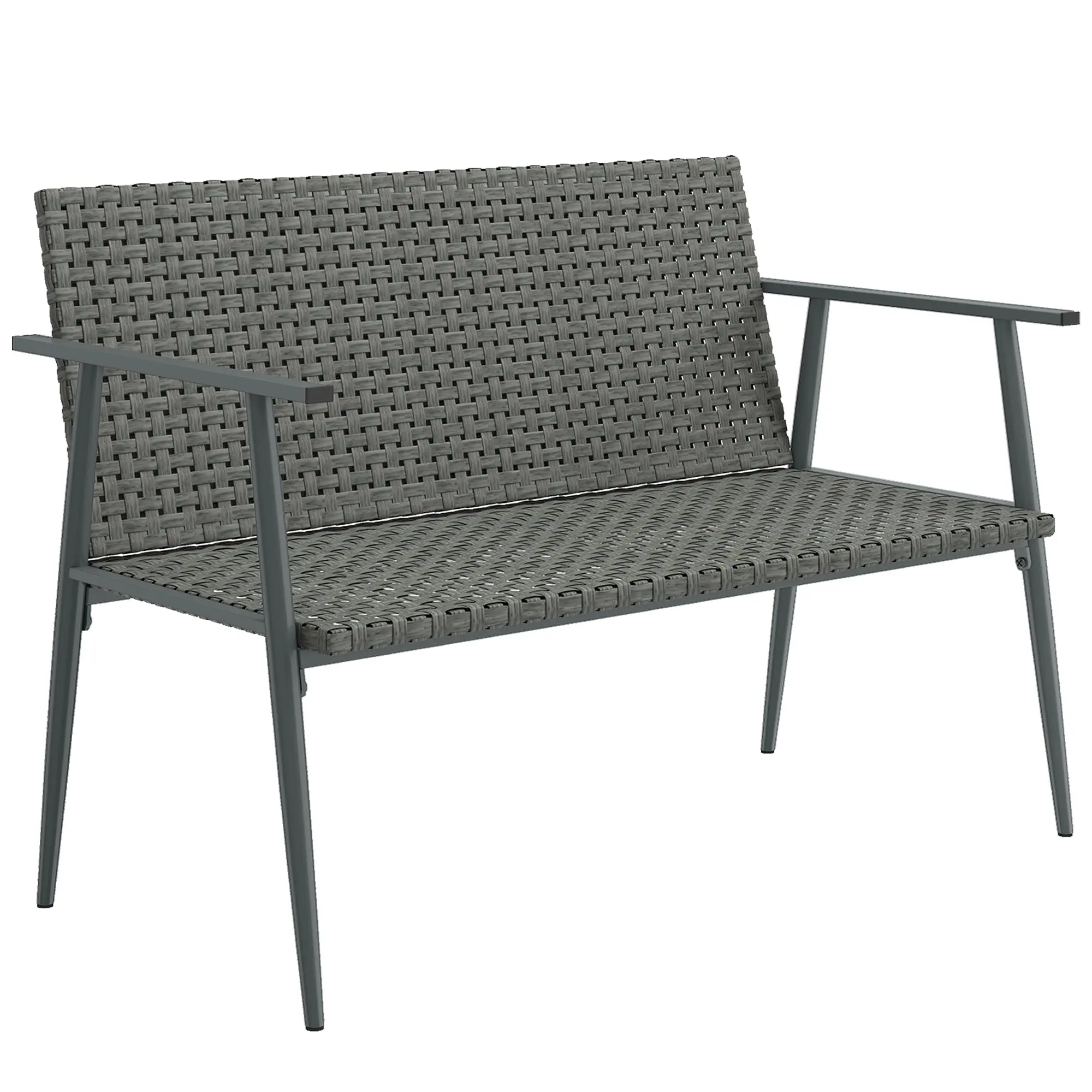 2-Seater Woven Resin Garden Bench with Armrests, Adjustable Feet & Galvanized Steel Frame — Grey