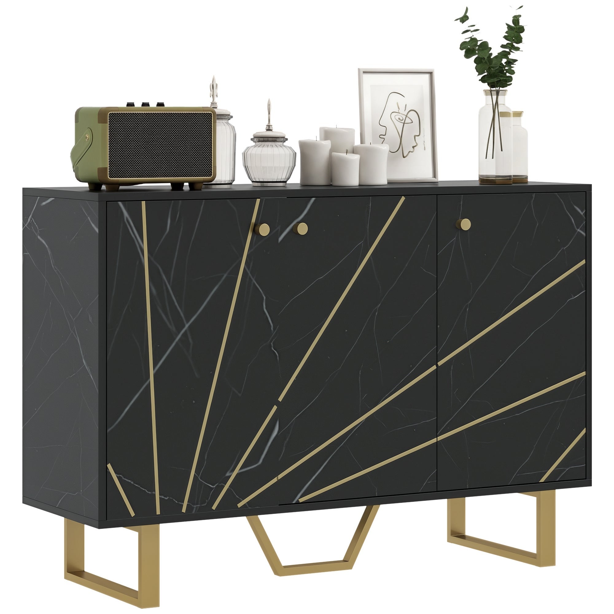 HOMCOM Moderne Skænk til Stue med 2 Døre og Justerbare Hylder - Møbel til Stue med Marmor Effekt, Anti-Tip 107x35x75 cm Sort og Guld