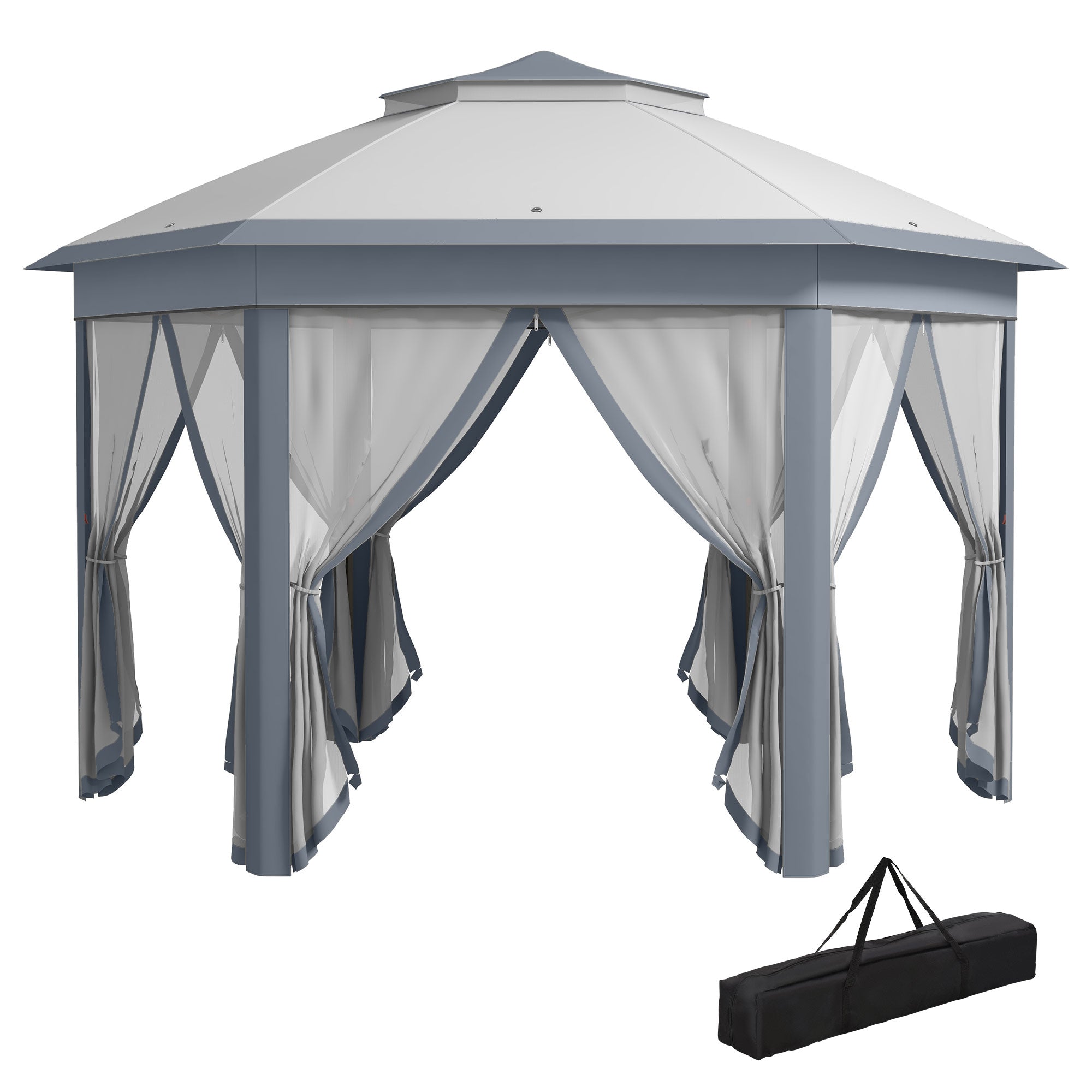 Garden Pavilion Pop-Up Tent 4 x 4 m Party Tent with Carrying Bag 6 Side Panels Double Roof Hexagonal Gray