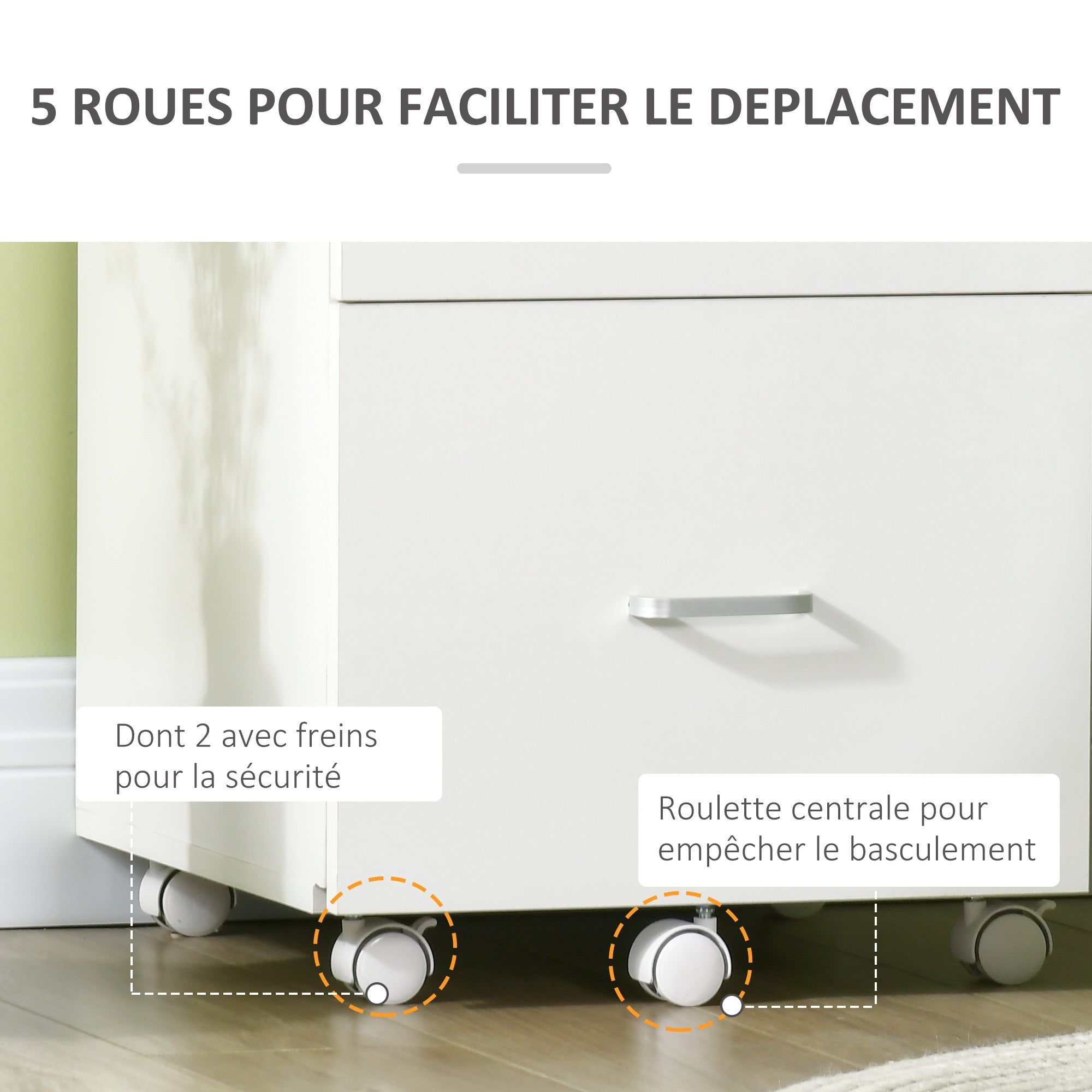 Vinsetto Görgős Íróasztali Tárolórekesz - Lábjegyzet Gyűjtőszekrény 2 Zárható Fiókkal, MDF Forgácslapból, Méret: 43L x 45W x 72H cm