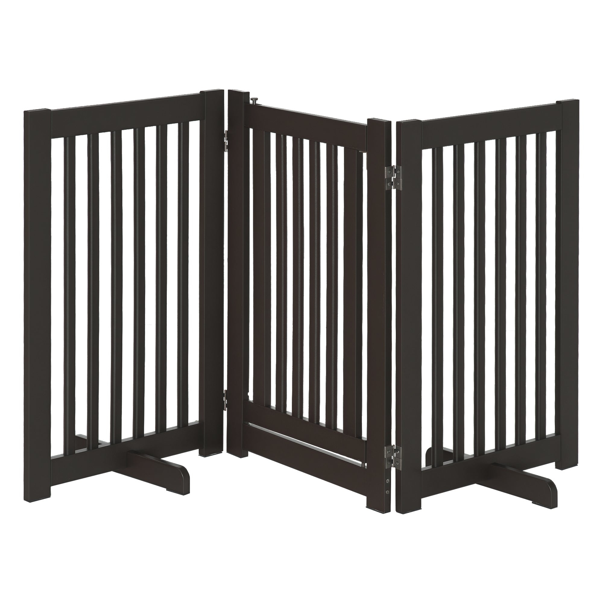 PawHut Drevená prekážková brána - Voľne stojaca pet brána pre psov, nastaviteľná brána na schody, s nohami a skladací krbový ochranný panel - Tmavo hnedá 155 x 1,5 x 76 cm