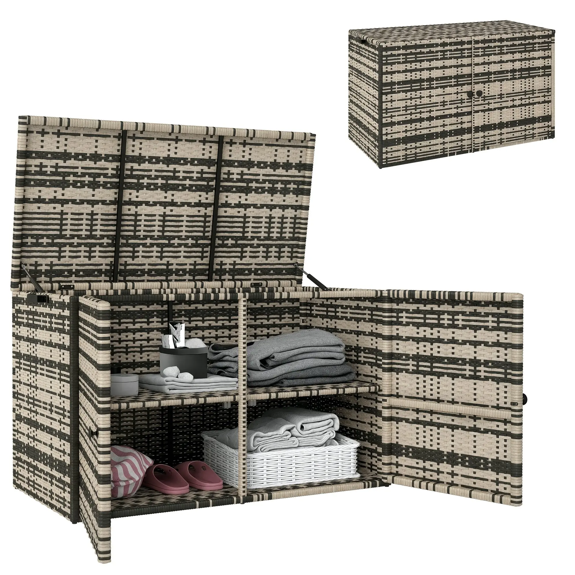 Rattan Cushion Box 350L 2-tier Weatherproof Storage Box with Lid Lifting Rods Carry Handles UV Resistant Garden Box Storage Chest for Garden Patio Balcony 118x57x69 cm Mixed Grey