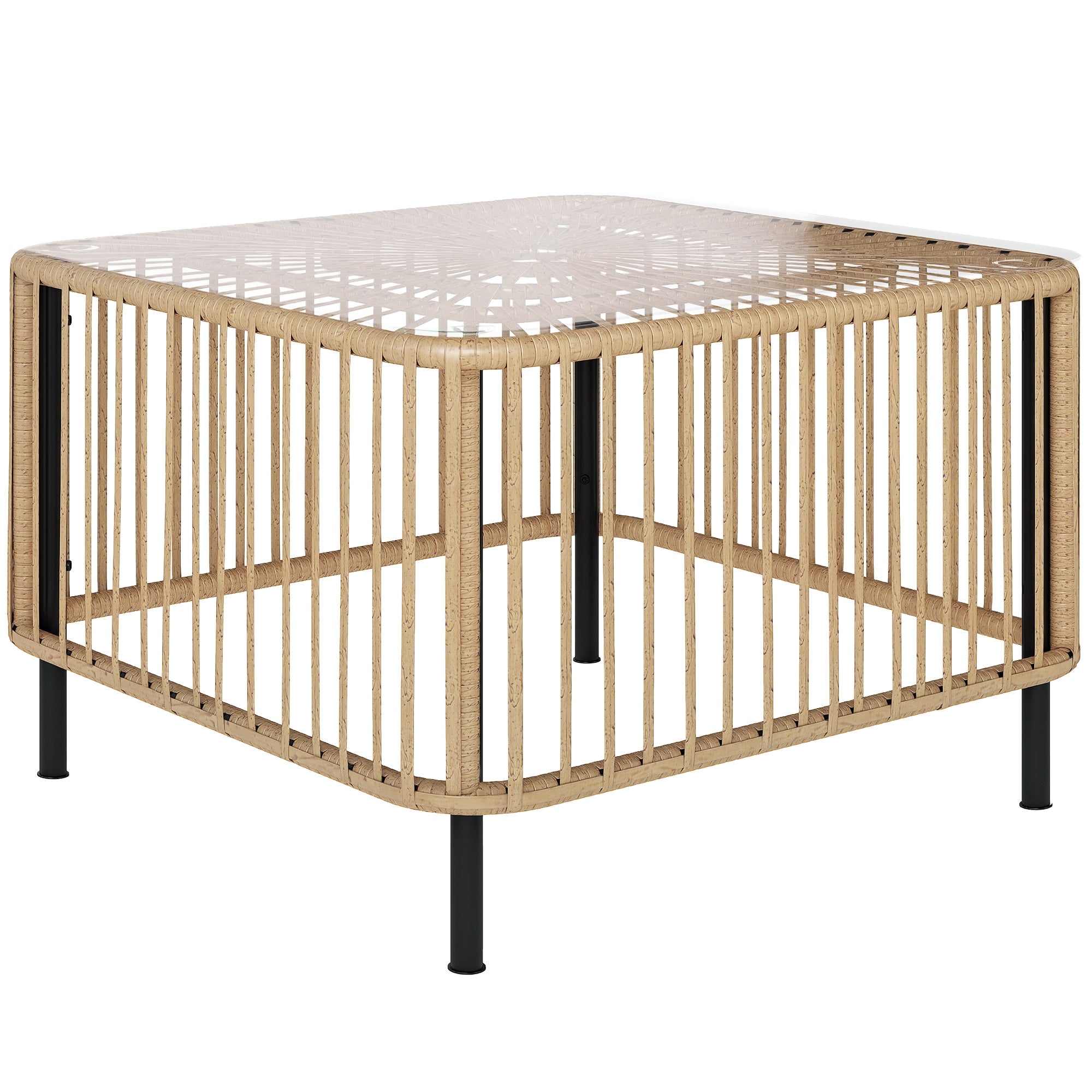 Outsunny Poly Rattan Havebord, 65 x 65 x 43 cm, Vejerbestandigt Sidebord Kvadratisk Patio Bord med Glasplade Kaffe Bord Balkonmøbel til Have, Patio, Balkon Naturligt Træ
