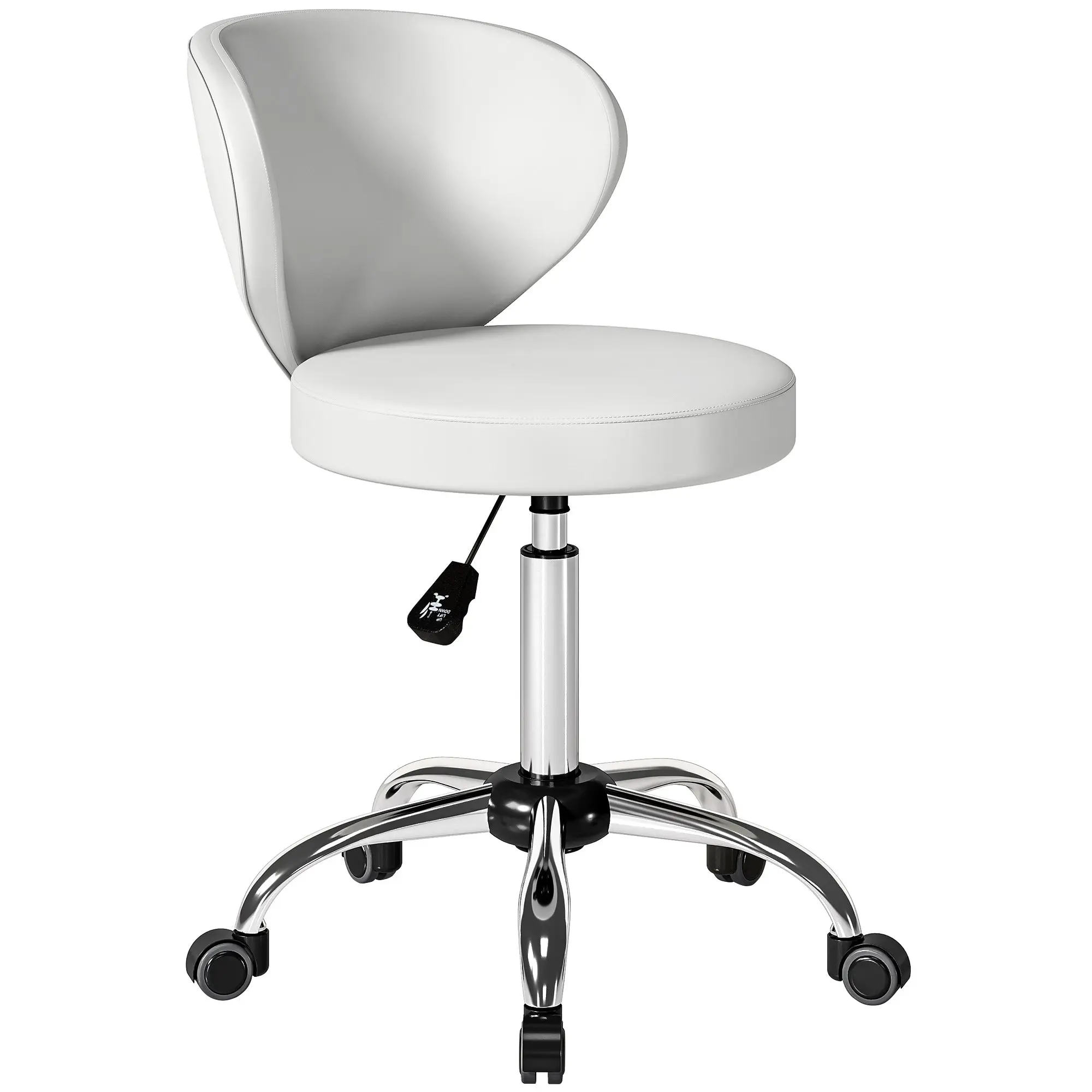Rolling PU Massage Stool with Backrest, Height Adjustable 28.7–34.6 in, 360° Swivel, Steel Frame — White