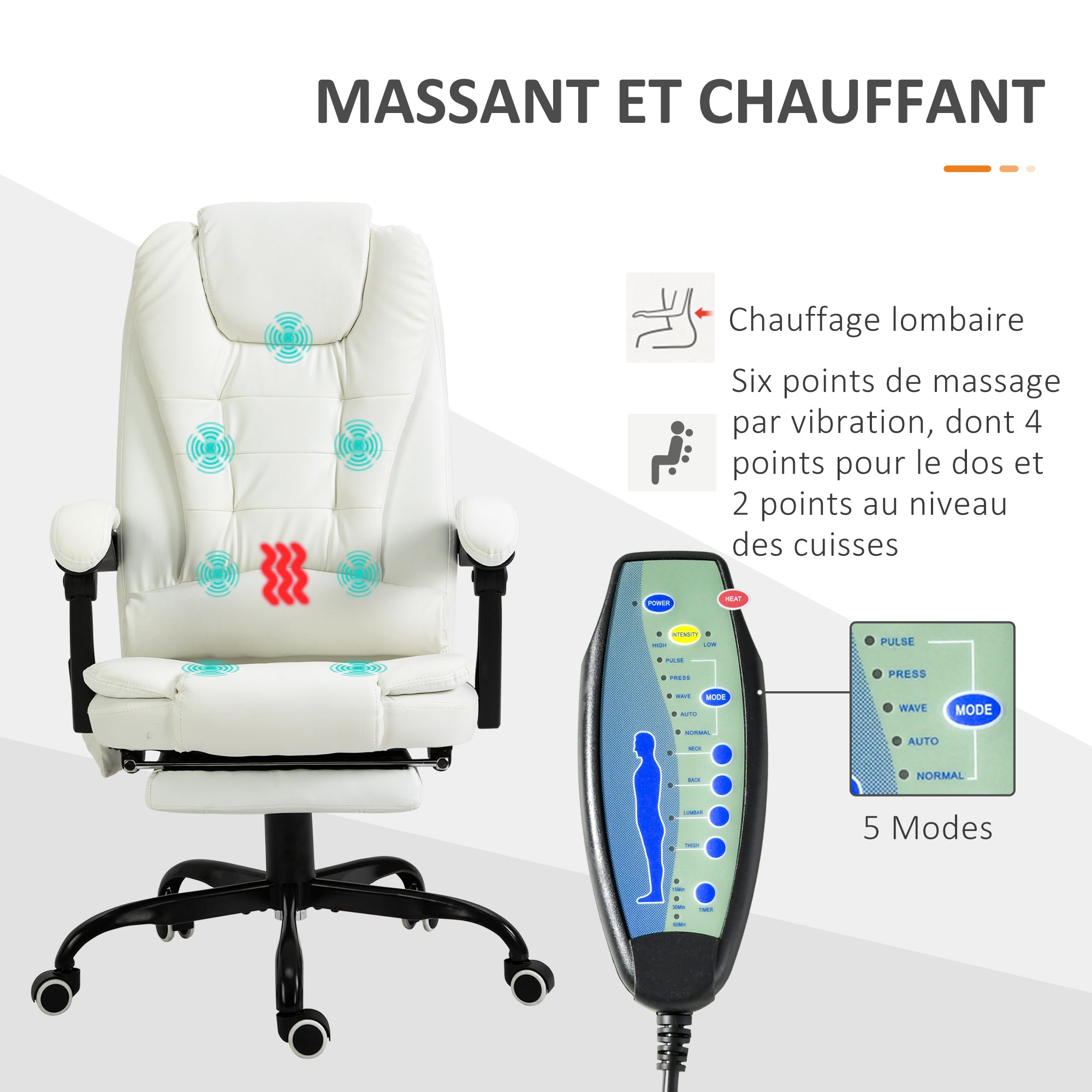 Massaging Office Chair, Office Chair, Ergonomic Chair with Adjustable Height, Reclining Backrest and Wired Remote Control, Retractable and 360° Swivel Footrest, White
