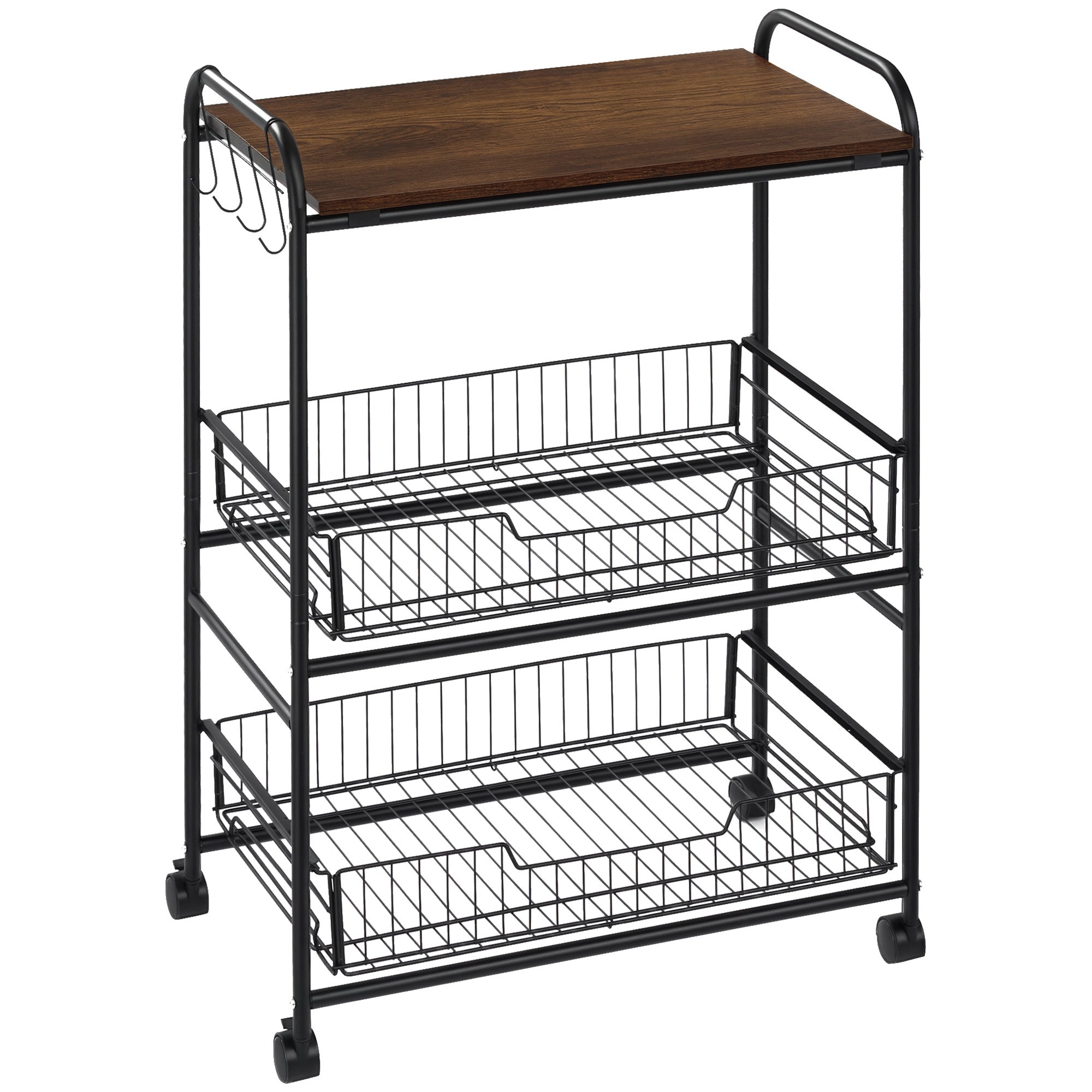 HOMCOM 3-stufiger Transportwagen mit Rädern für Gemüse, inklusive 2 Körben und 4 Haken für Esszimmer und Wohnzimmer 60x38x85,5 cm Rustikbraun