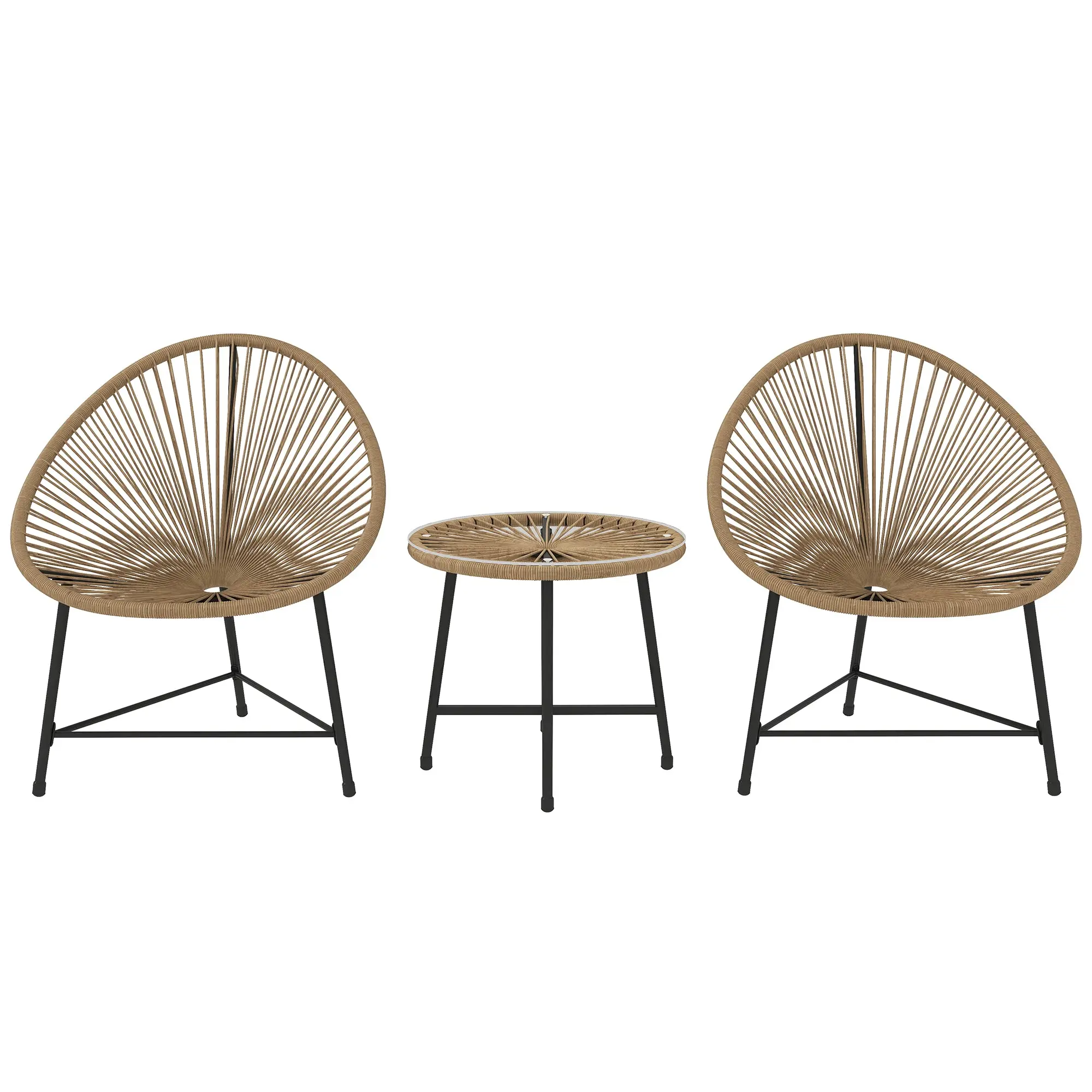 Poly Rattan Garden Furniture Set, Outdoor Lounge Balcony Furniture for 2 Persons, 3-piece Seating Group with 2 Chairs, Table, Weatherproof Garden Lounge for Garden, Terrace Balcony, Natural Wood