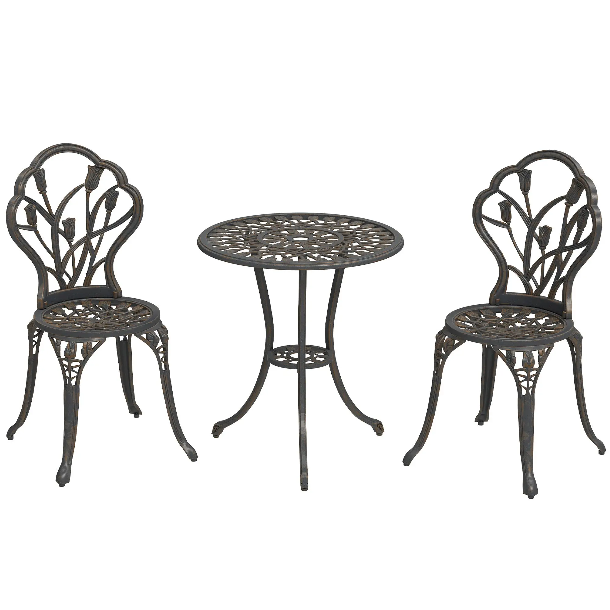 3-Piece Outdoor Bistro Set with 2 Garden Chairs and Round Table with Umbrella Hole, Aluminum, Bronze