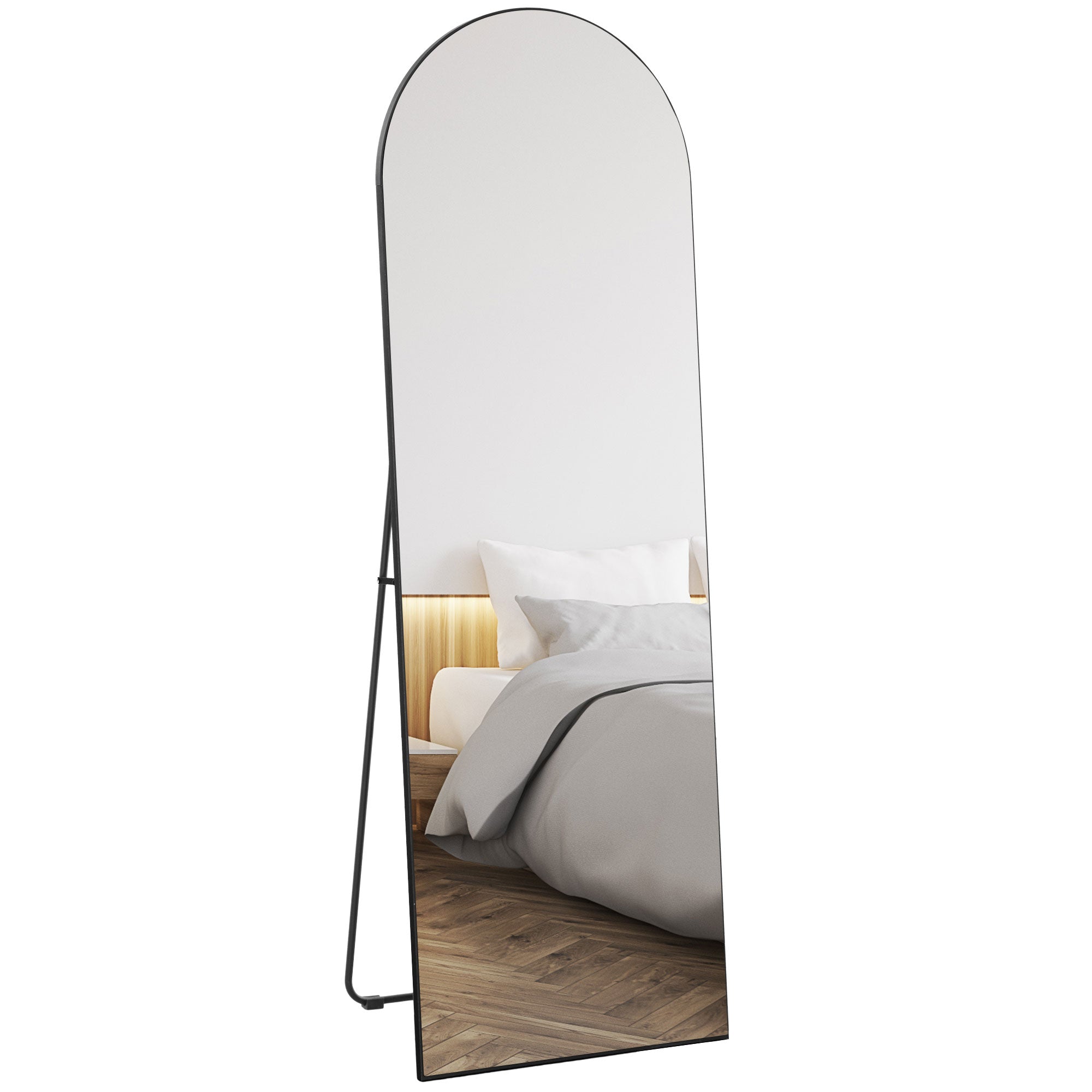 HOMCOM Teljes Test Tükör, 150 x 50 cm Fali Tükör Állvánnyal, Ívelt Dizájnnal, Padló Tükör Zúzásbiztos Fóliával, Nappaliba, Hálószobába, Fekete