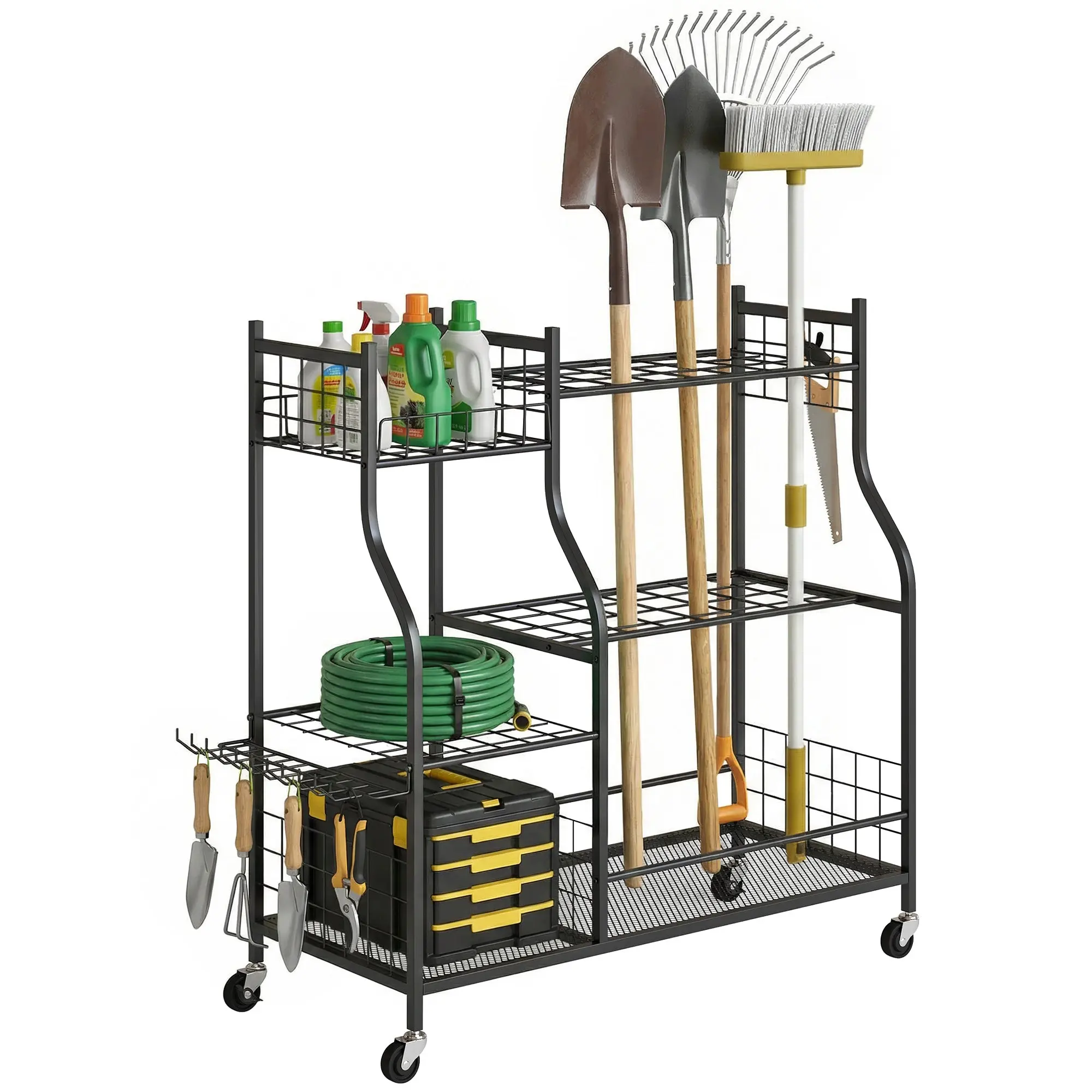 3-Tier Steel Garden Tool Organizer, 74 Slots, 11 Hooks, 4 Wheels, for Shovels & Rakes, Black