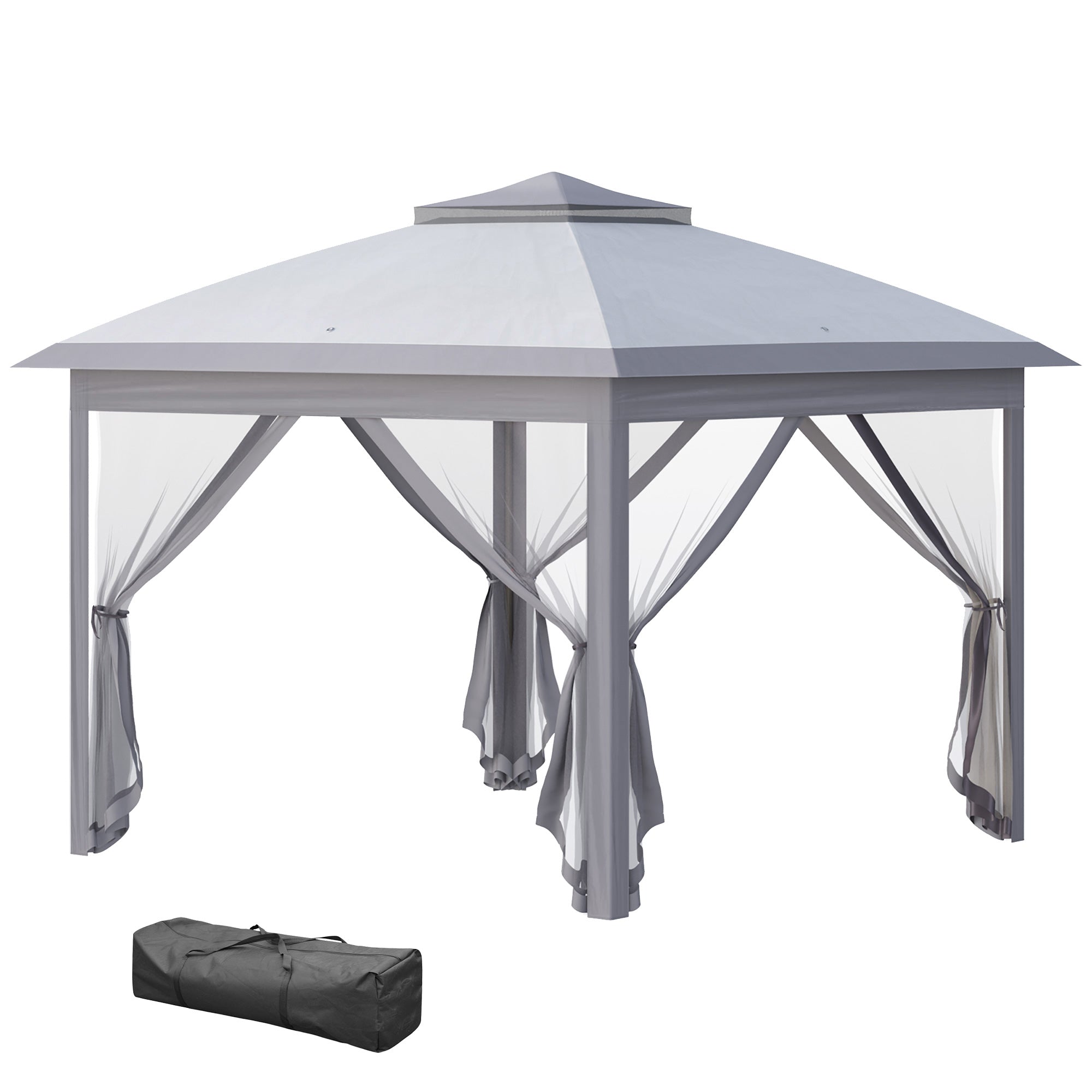 Outsunny Klapp-Gazebo 3x3 m Gartenpavillon mit 3 Höhenverstellbaren Stufen, Doppelter Dach, 4 Abnehmbaren Moskito-Netzen und Wasserdichtem UV-beständigem Transportbeutel für Gartenpartys Grau