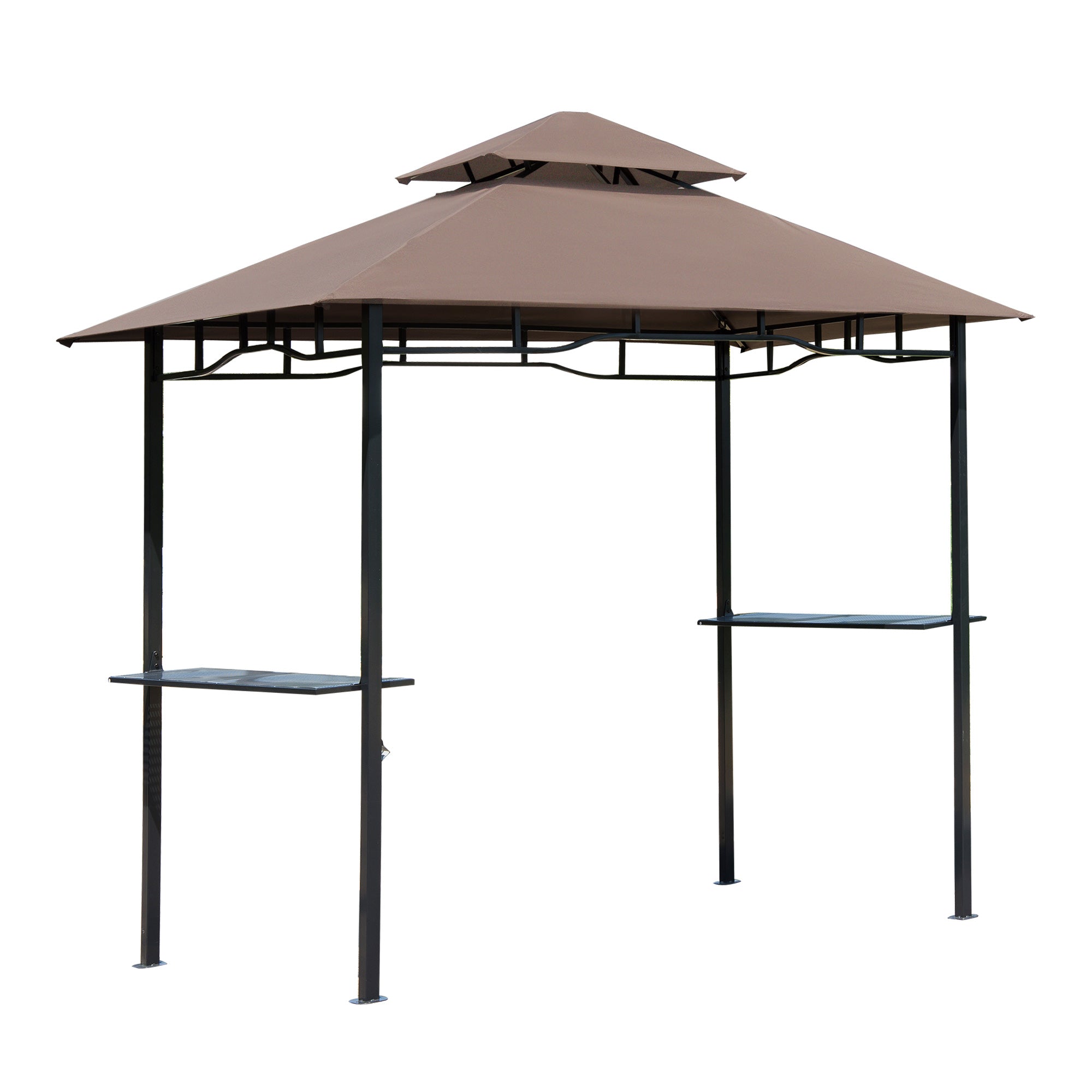 Outsunny Grillpavillon Gartenüberdachung Grillpavillon Balkonpavillon mit Regalen schwer entflammbar Doppel-Dach Kaffeebraun 245 x 148 x 252 cm