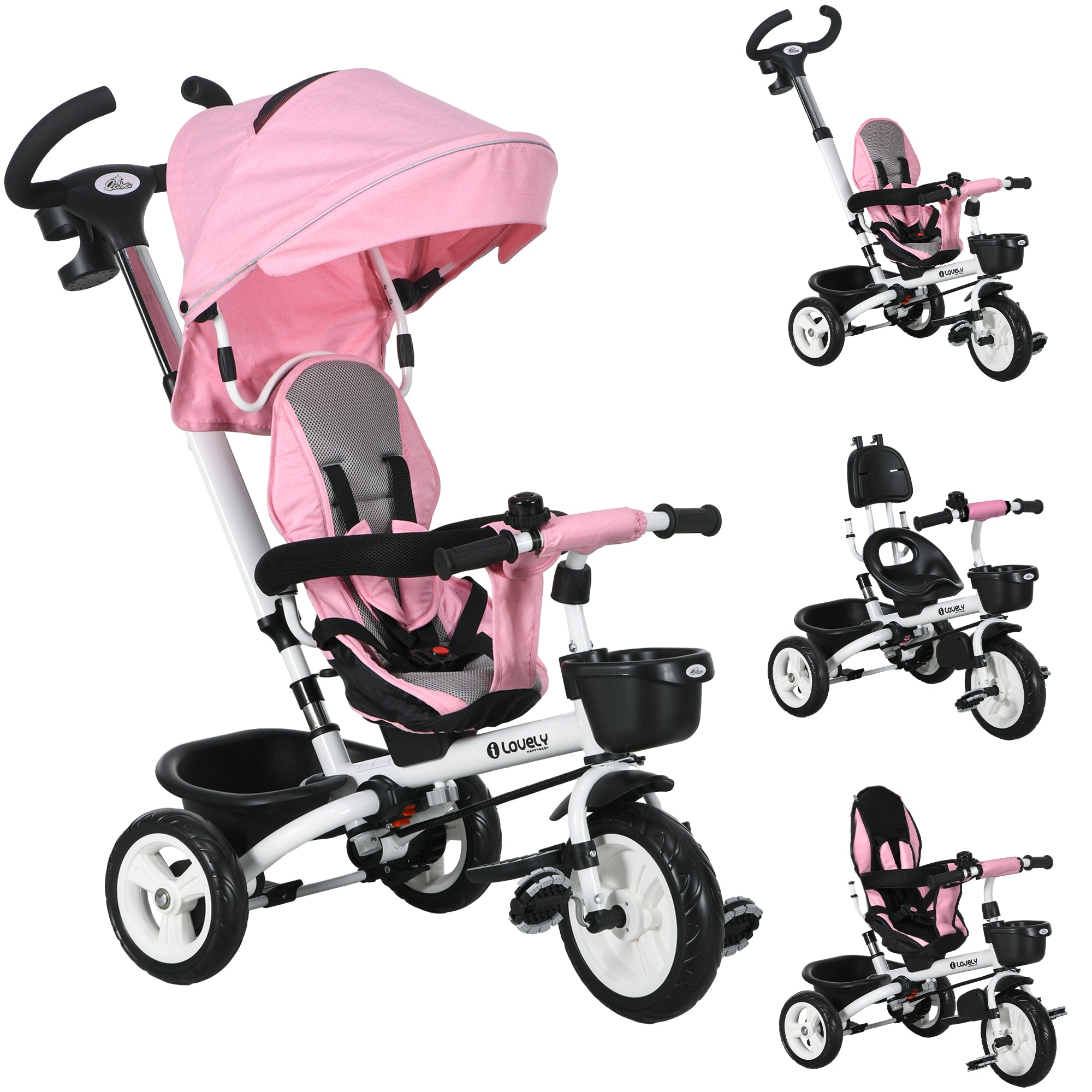 HOMCOM 6 in 1 Kinderfahrtrike mit Schiebegriff, zusammenklappbar, mit Sicherheitsgurt, abnehmbarer Sonnenblende, Korb, Flaschenhalter, Pedalen, für Kinder von 1-5 Jahren, bis 25 kg, Rosa