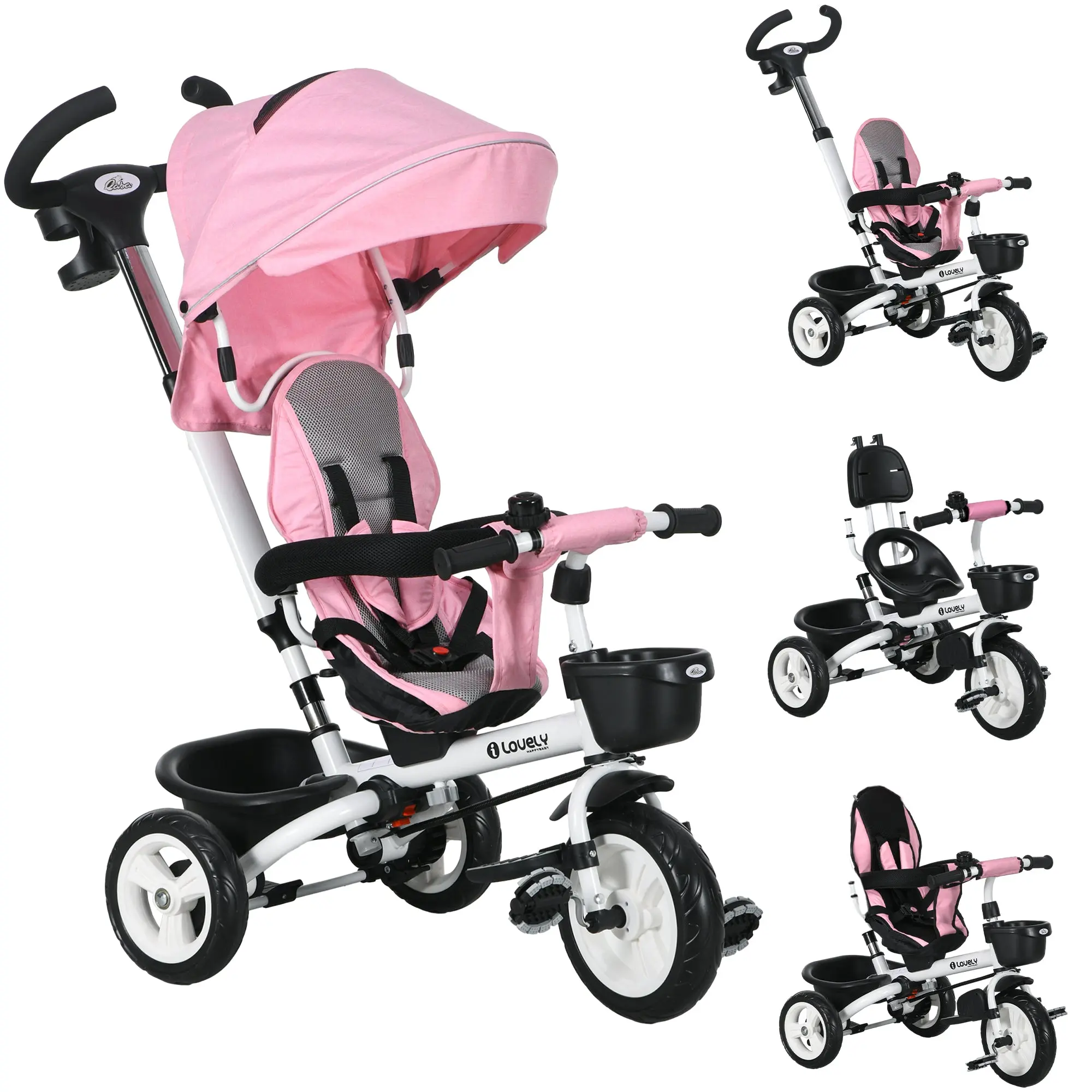 6 in 1 Tricycle with Push Handle, Foldable, Kids Tricycle with Safety Belt, Removable Sun Shade, Basket, Cup Holder, Pedal, for 1-5 Years Children, up to 25 kg, Pink
