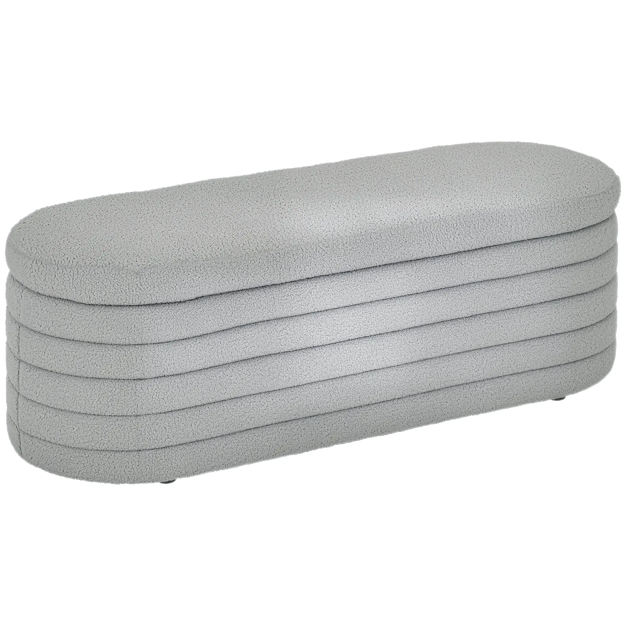 Upholstered Bedroom Bench, Teddy Fabric Storage Bench with Eucalyptus Wood Legs for Entryway, Hallway, and Living Room, 116x41x40.5cm, Light Gray