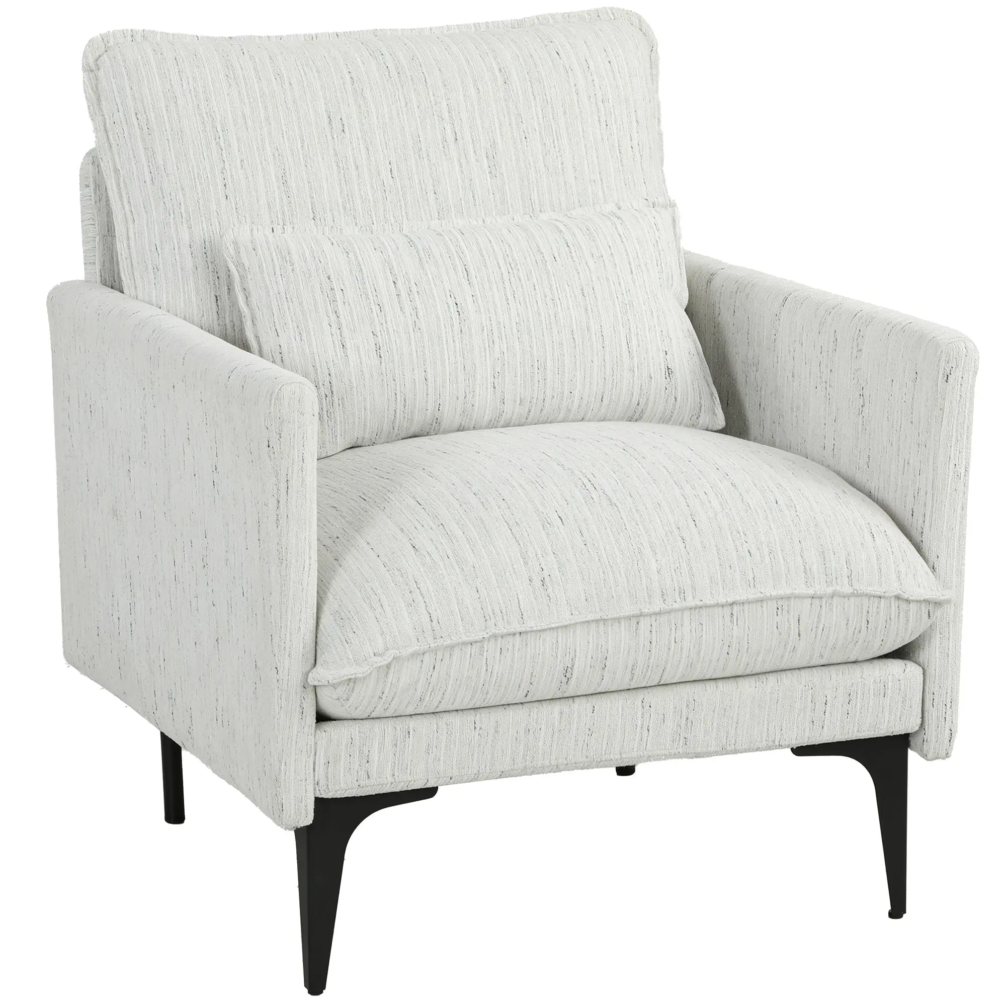 Delicate Multicolored Yarn Accent Armchair — Thick Padding with Pocket Springs, Deep Wide Seat, Linen-Effect Upholstery, Armrests & Cushion, Steel Legs, White