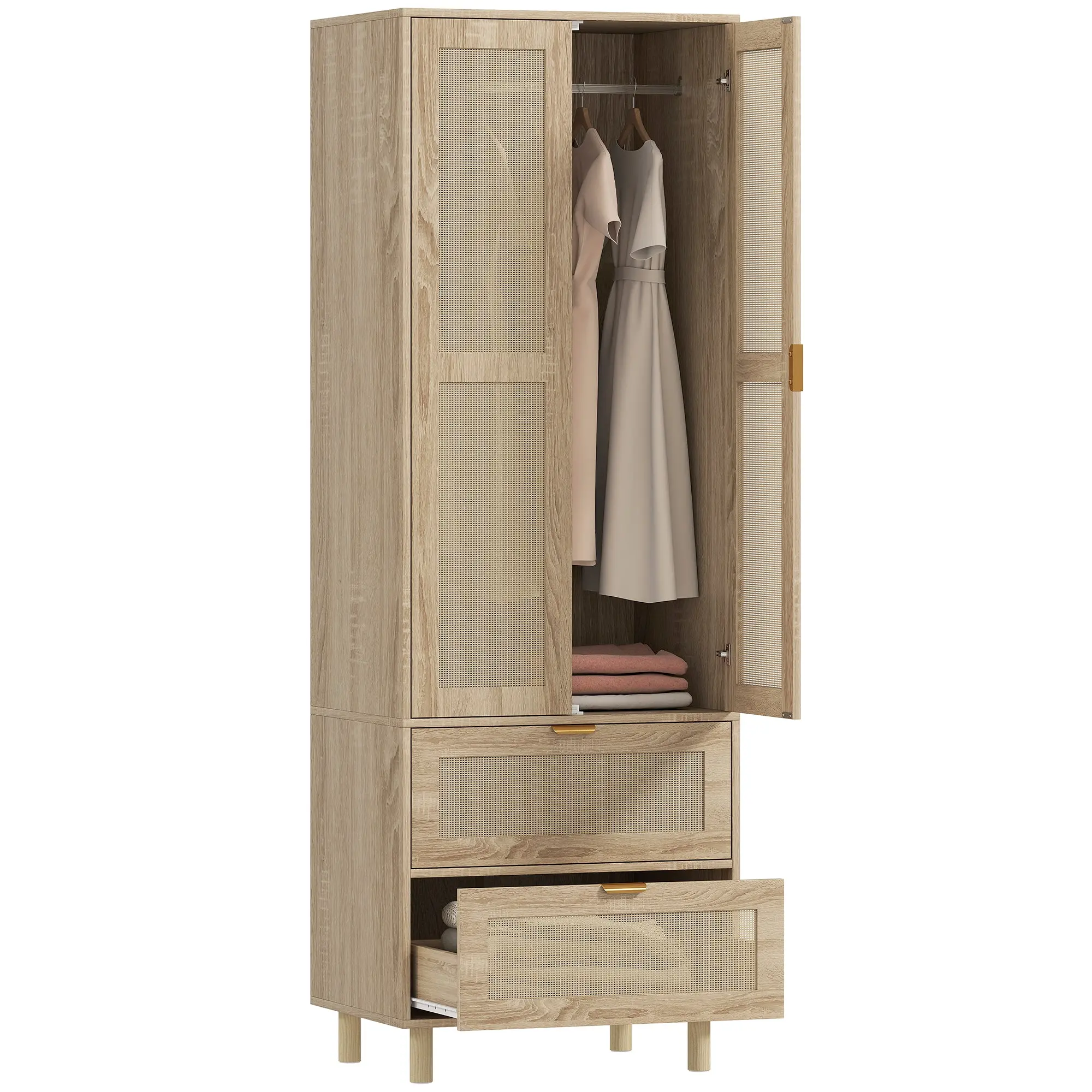 Wardrobe with Rattan-Style Doors, 2 Drawers & Hanging Rail — 63 × 47 × 185 cm (24.8" × 18.5" × 72.8"), Natural Wood
