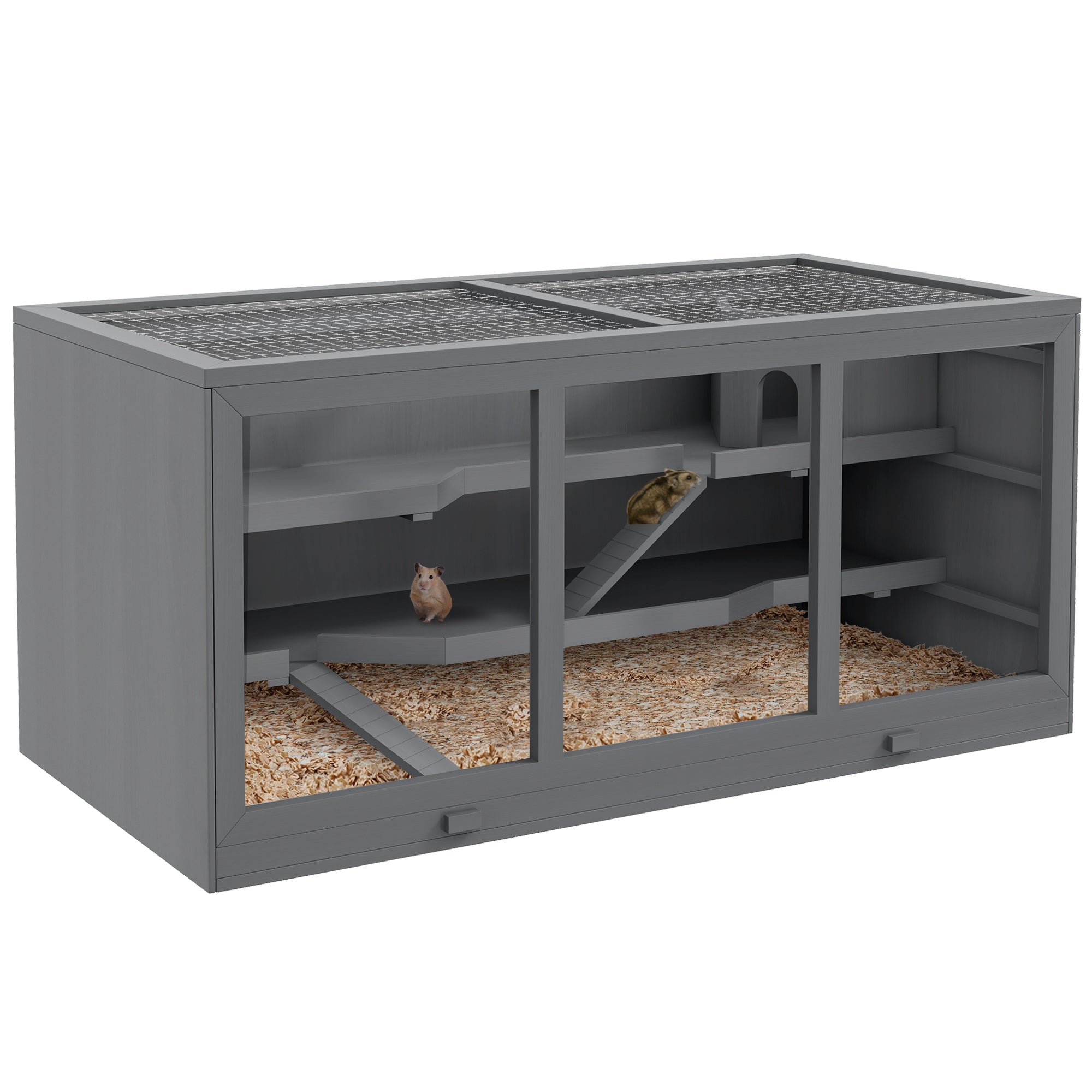 PawHut Puinen Hamsterihäkki 3 Tasoista Jyrsijä Häkkia, Irrotettavalla Lokerolla, Pieneläinhäkki Kokoontaittuvalla Kannella, Portaat, Hamsterille ja Tuiska Hamsterille 115 x 57 x 55 cm Harmaa