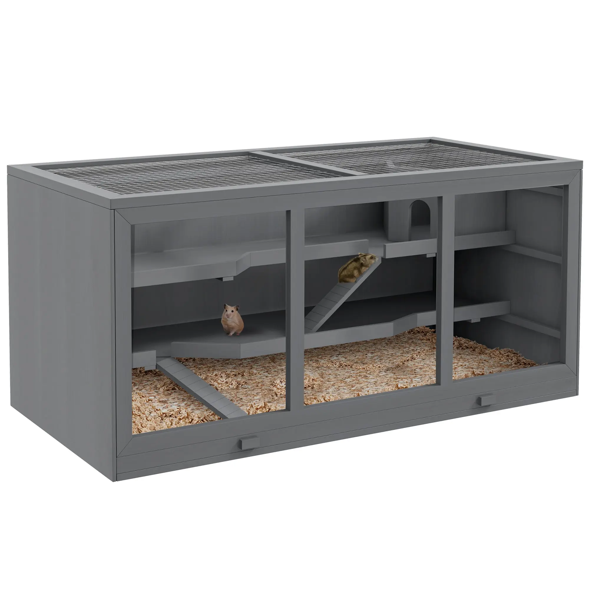 Wooden Hamster Cage 3 Levels Rodent Cage with Removable Tray Small Animal Cage with Folding Lid Stairs Wooden Cage Cage for Hamster Dwarf Hamster 115 x 57 x 55 cm Grey