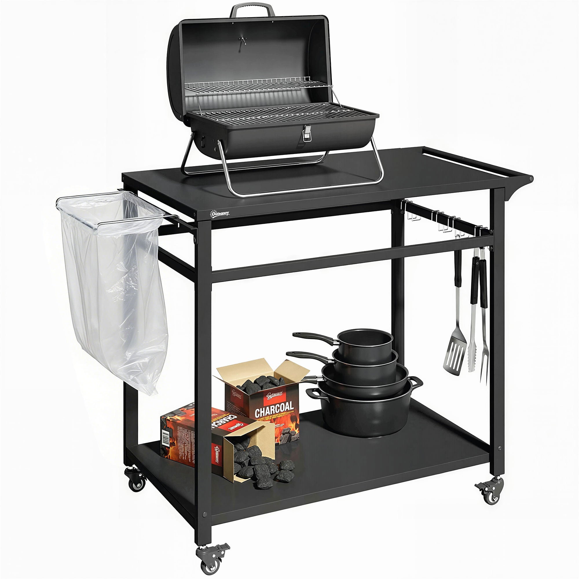 Outsunny Outdoor-BBQ-Kärret mat 2 Metallschëffer, Outdoor-Kichentësch mat Rieder, Handtak, Müllsackhalter a Haken, 113 x 50,5 x 88 cm, Schwaarz