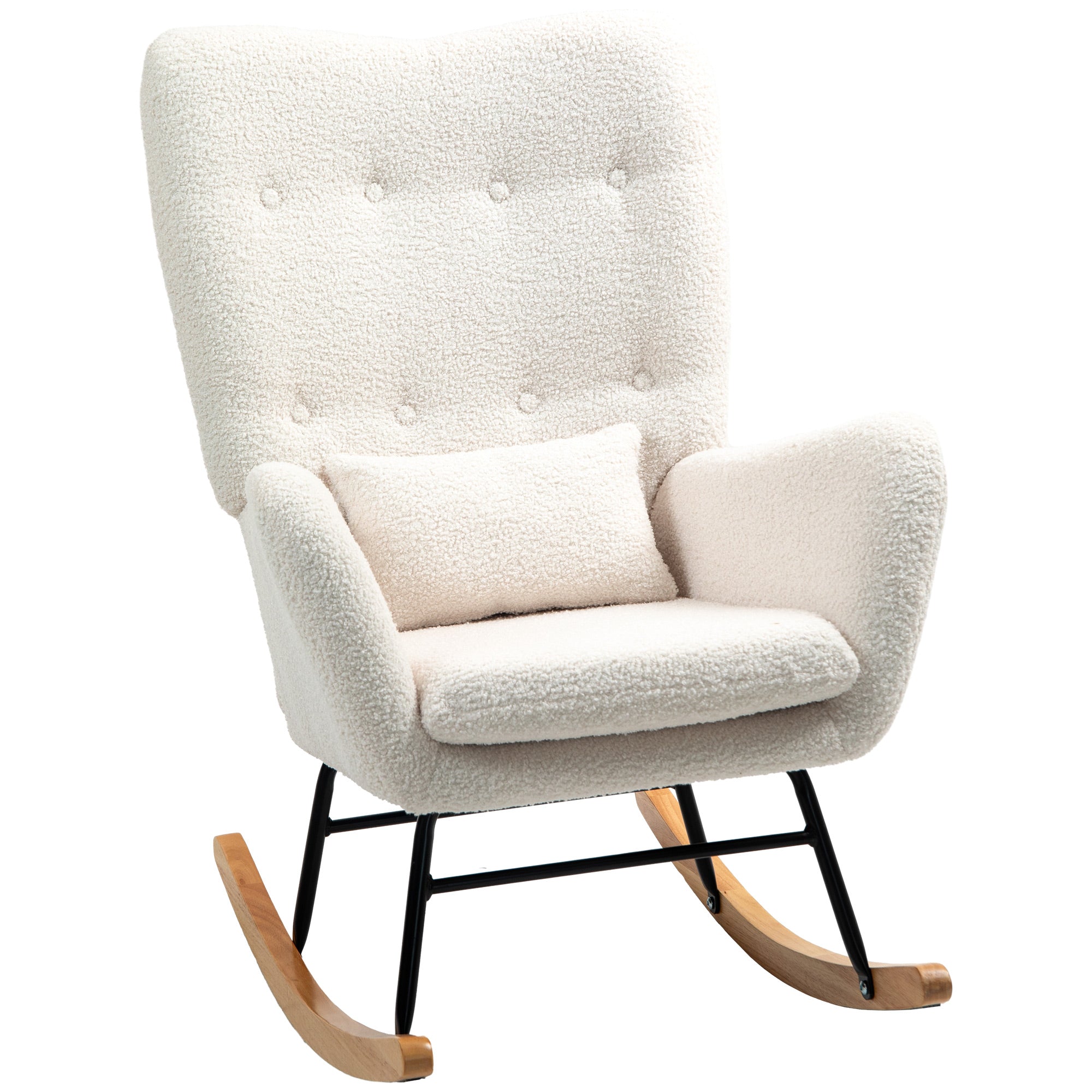 HOMCOM Rocking Chair Teddy Upholstered Accent Armchair Nursery Glider with Lumbar Pillow Wooden Rockers High Back Relax Chair for Living Room Bedroom Cream White