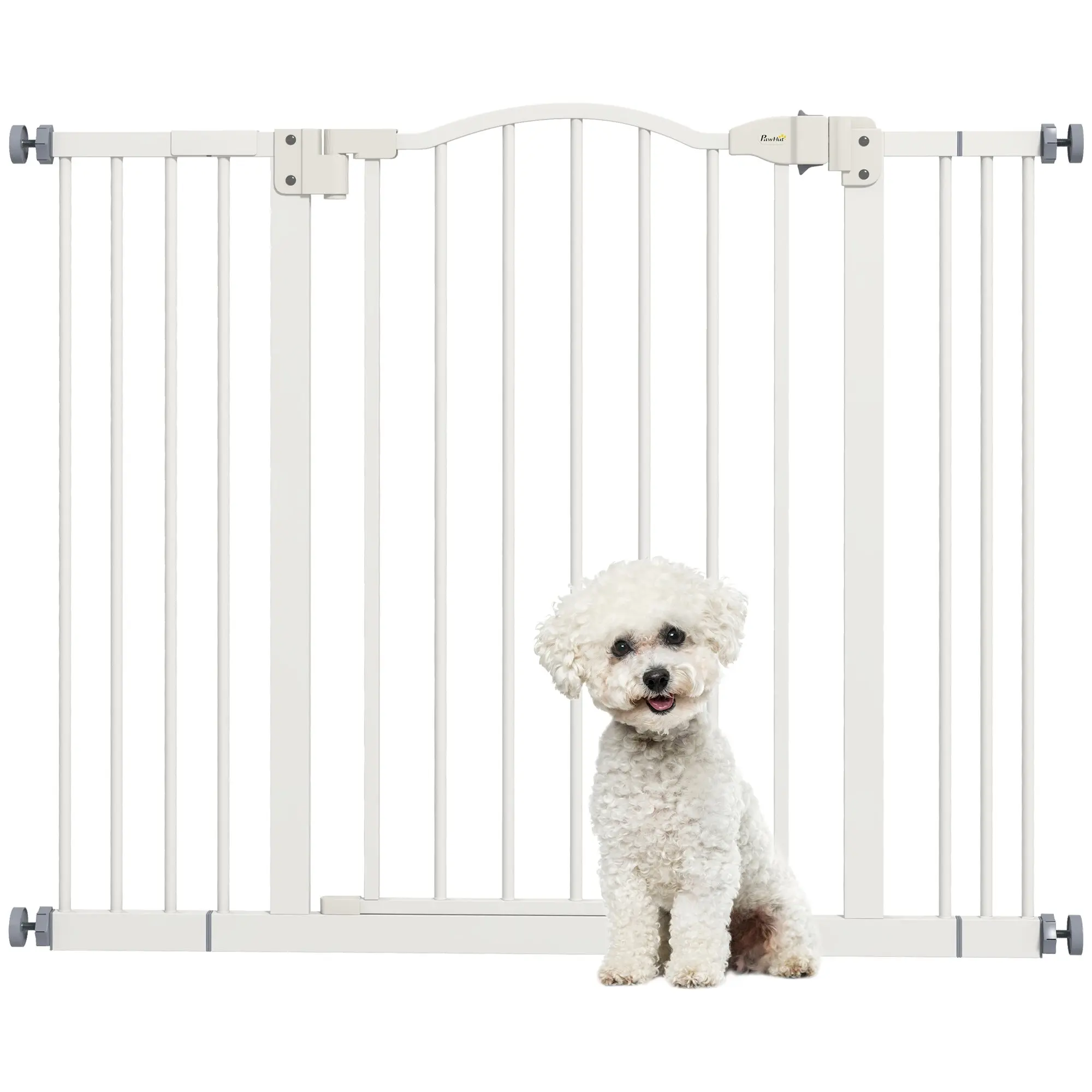 Extensible Dog Safety Gate 74-100 cm for Doors and Stairs Pet Security Gate with 2 Extensions 7/14 cm Pressure Mount and Double Lock White