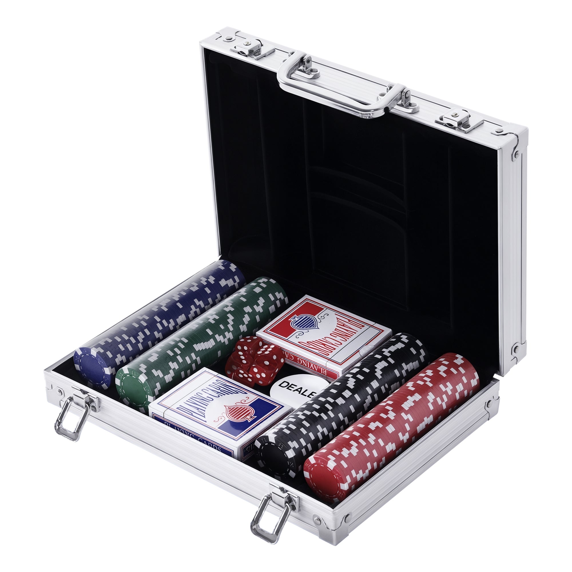 HOMCOM Poker Set mit 200 Pokerchips, 2 Kartendecks, 5 Würfeln und 1 Aluminiumkoffer, Jetons Aluminium + Polystyrol 29,5 x 20,5 x 6,5 cm