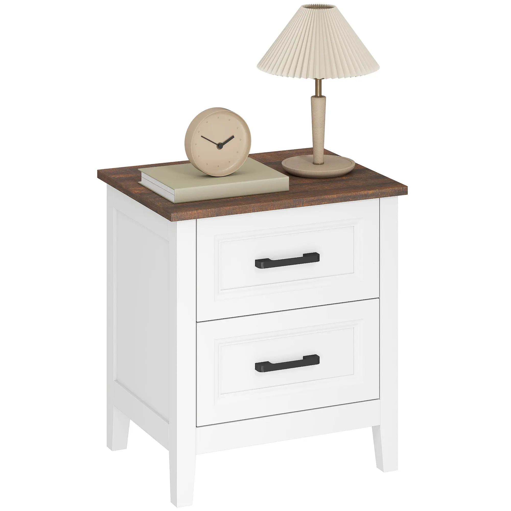 2-Drawer Rustic Nightstand, White Body with Wood-Effect Top — 17.7 x 13.8 x 19.7 in