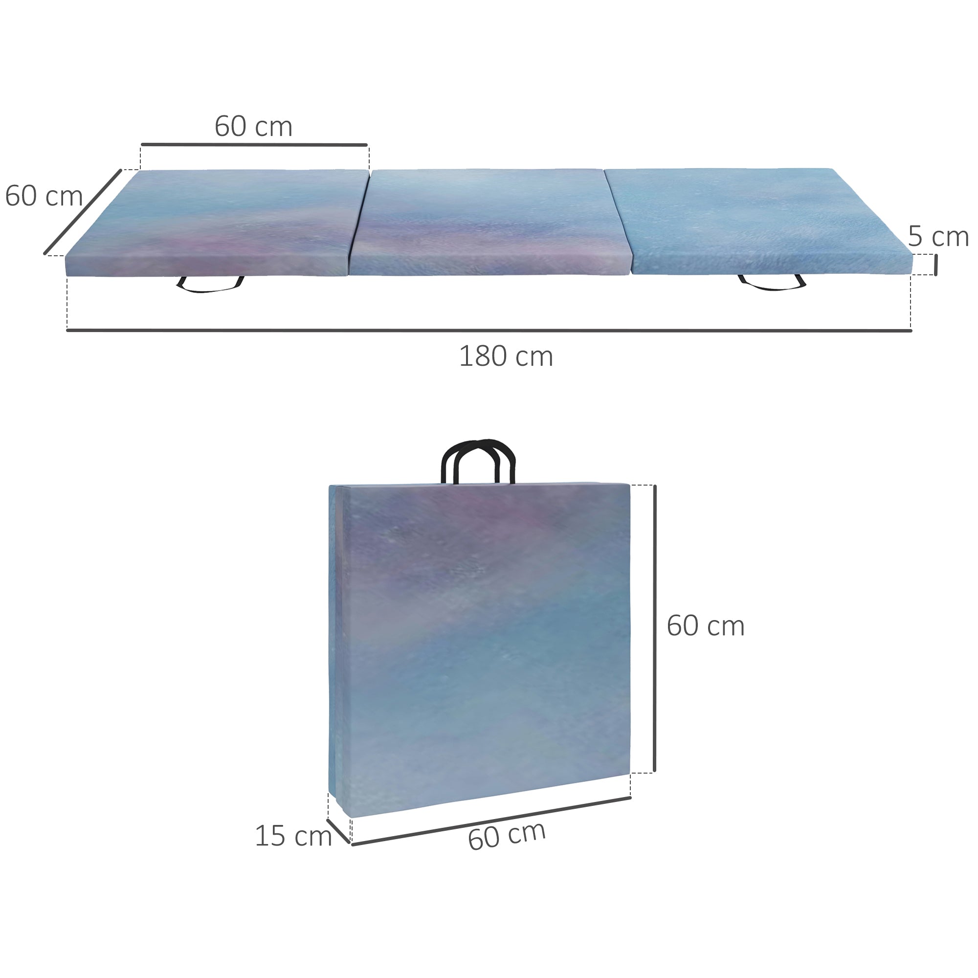 HOMCOM Skládací gymnastická podložka, silná gymnastická podložka, 180 x 60 x 5 cm, s rukojetí, podložka na jógu, sport, fitness, pilates, syntetický potah, modrá