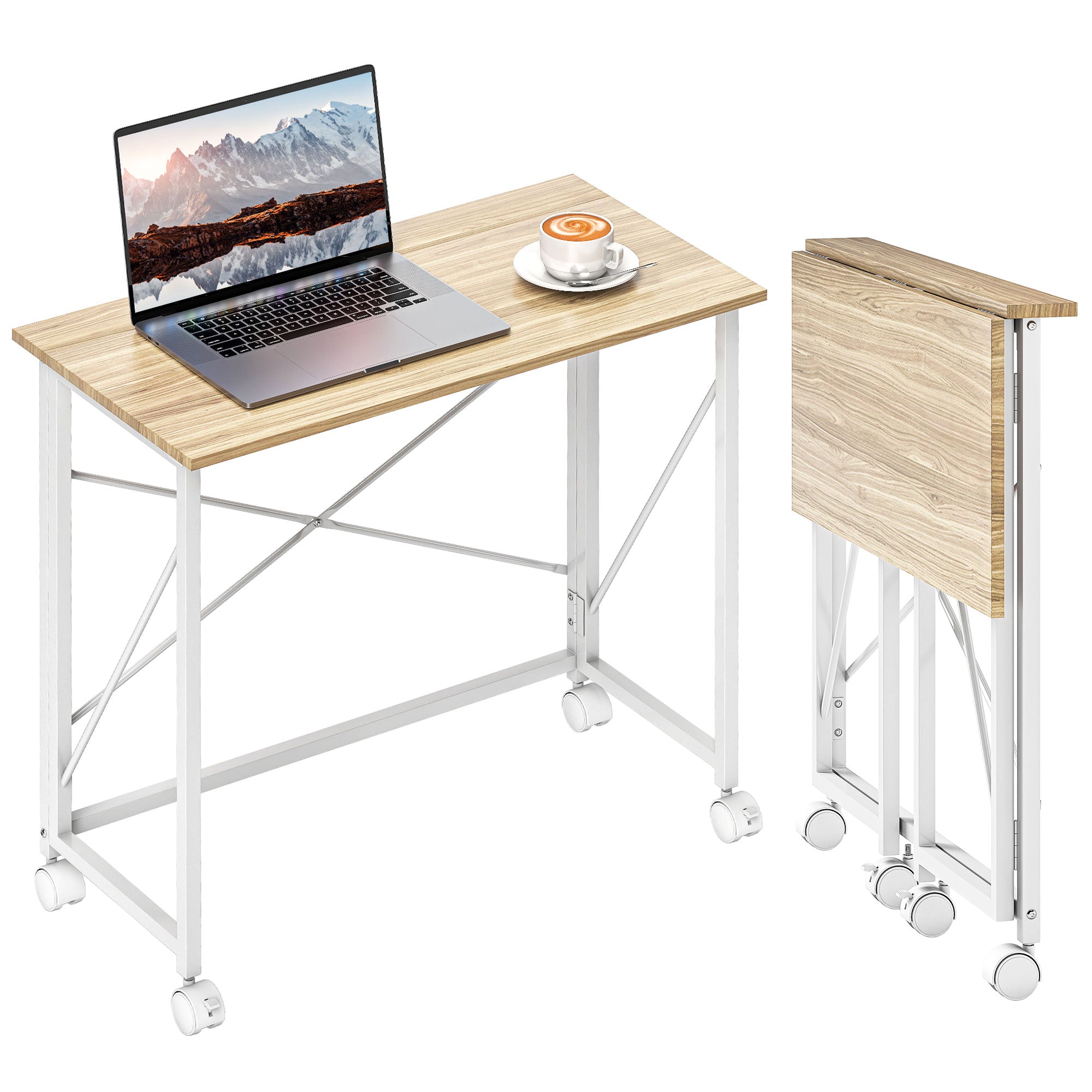 HOMCOM Klappdesk mat Rieder - Kompakt Computerdesk Laptop Meeschter fir Heem Büro an déi kleng Plazen 80x40x75 cm Natur