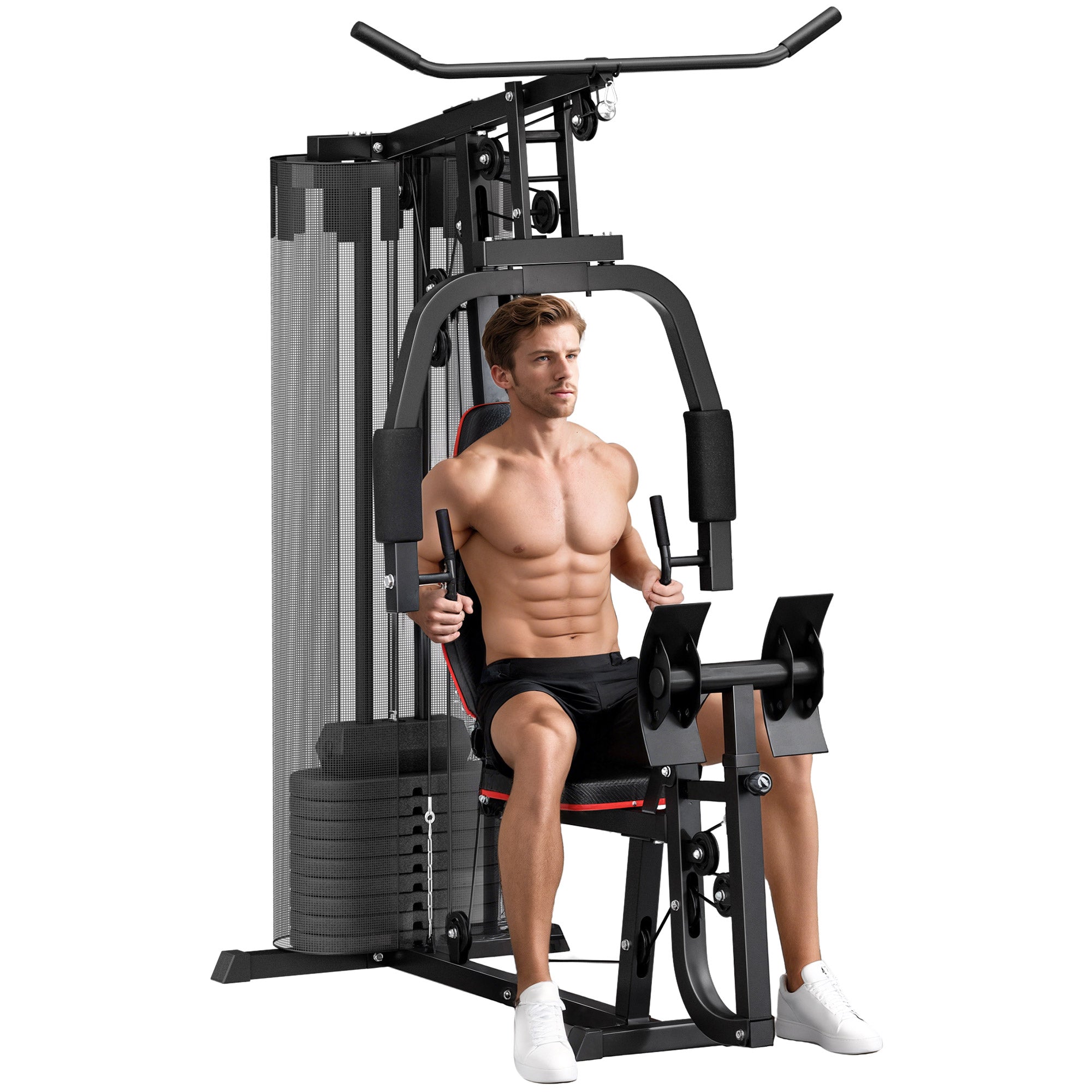 SPORTNOW Jaudas Stacija, Multifunkcionāla Fitnesa Stacija ar Lat Pulldown & Taureņa Stieni, Kāju Presi, Fitnesa Iekārta ar 45 kg Svara Blokiem Mājām, Melns