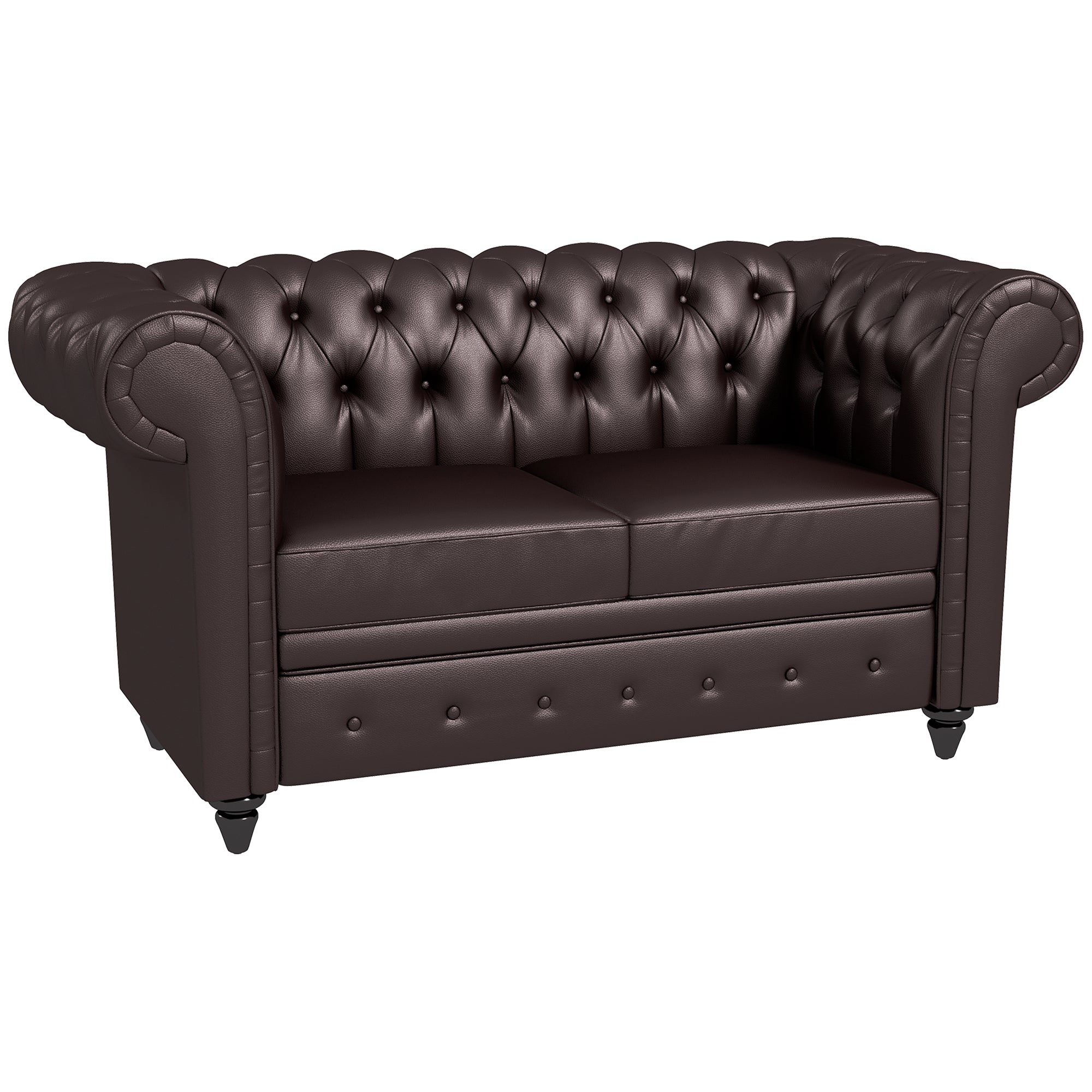 HOMCOM 2-vietīgs Chesterfield stila mākslīgās ādas dīvāns, kviltēts divvietīgais dīvāns ar roku balstiem un biezu polsterējumu, dīvāns ar gumijas koka kājām viesistabai un birojam, brūns