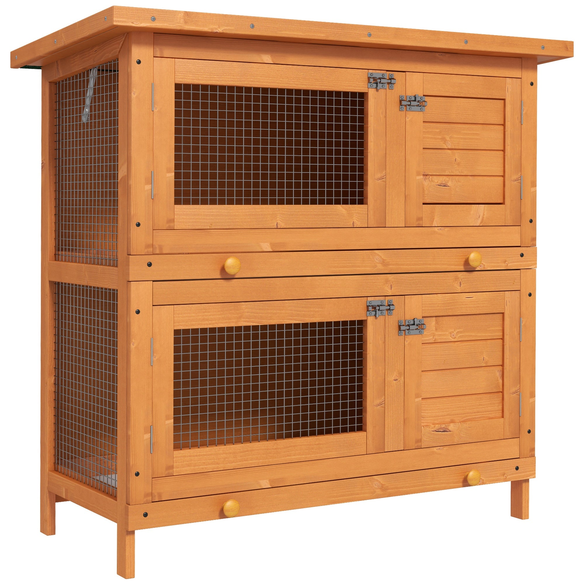 Rabbit Hutch 2 Tier Outdoor Bunny Hutch with Pull Out Tray, Wooden Guinea Pig Cage with Waterproof Roof, Weatherproof Small Animal House for Garden Yellow 90 x 45 x 90 cm