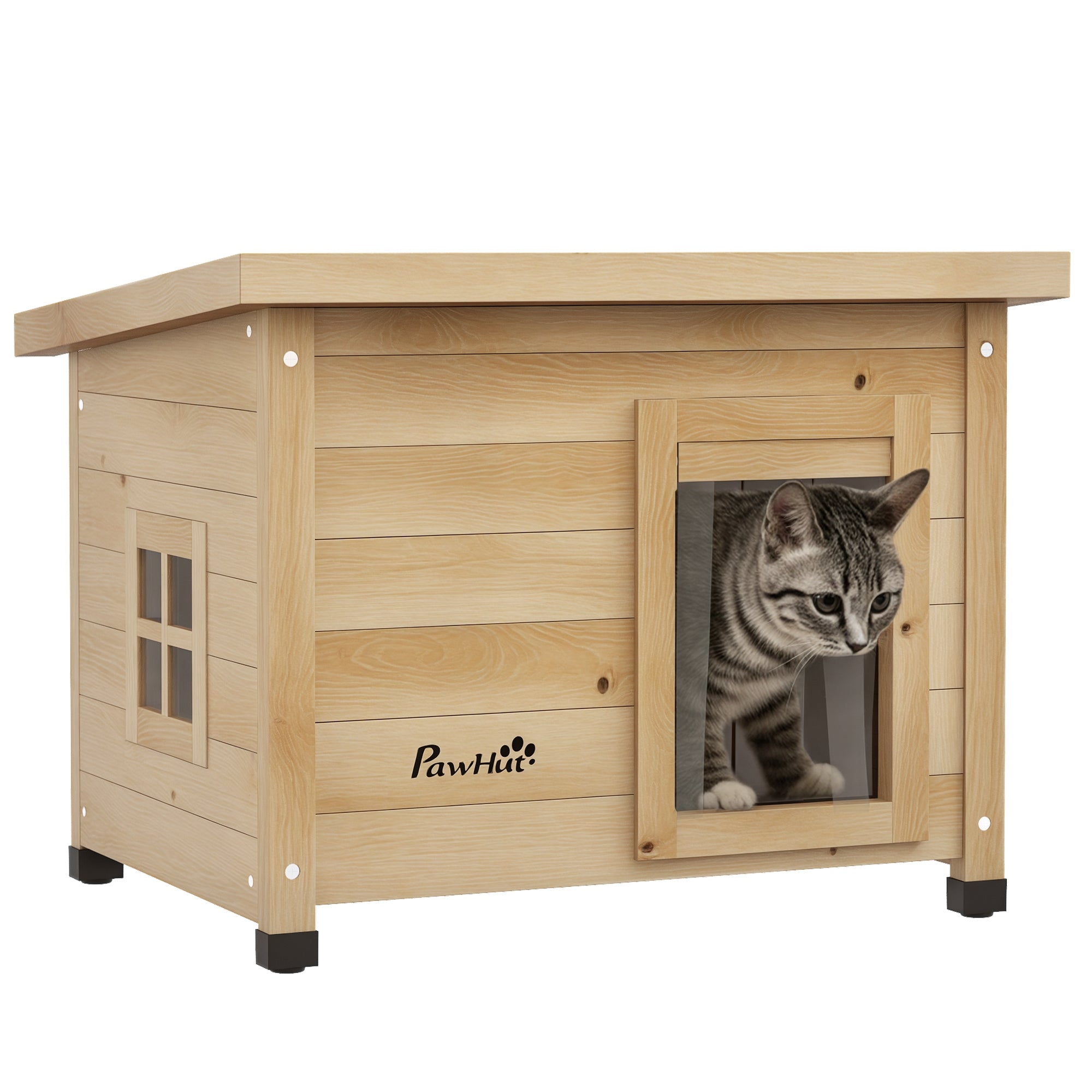 Maison pour Chats en Bois PawHut pour Extérieur, Abri Imperméable Hiver avec Toit en Bitume, Fenêtre, Rideau de Porte, Refuge Élevé pour Chats, Boîte pour Chats de Jardin ou Balcon 57 x 45 x 43 cm Jau