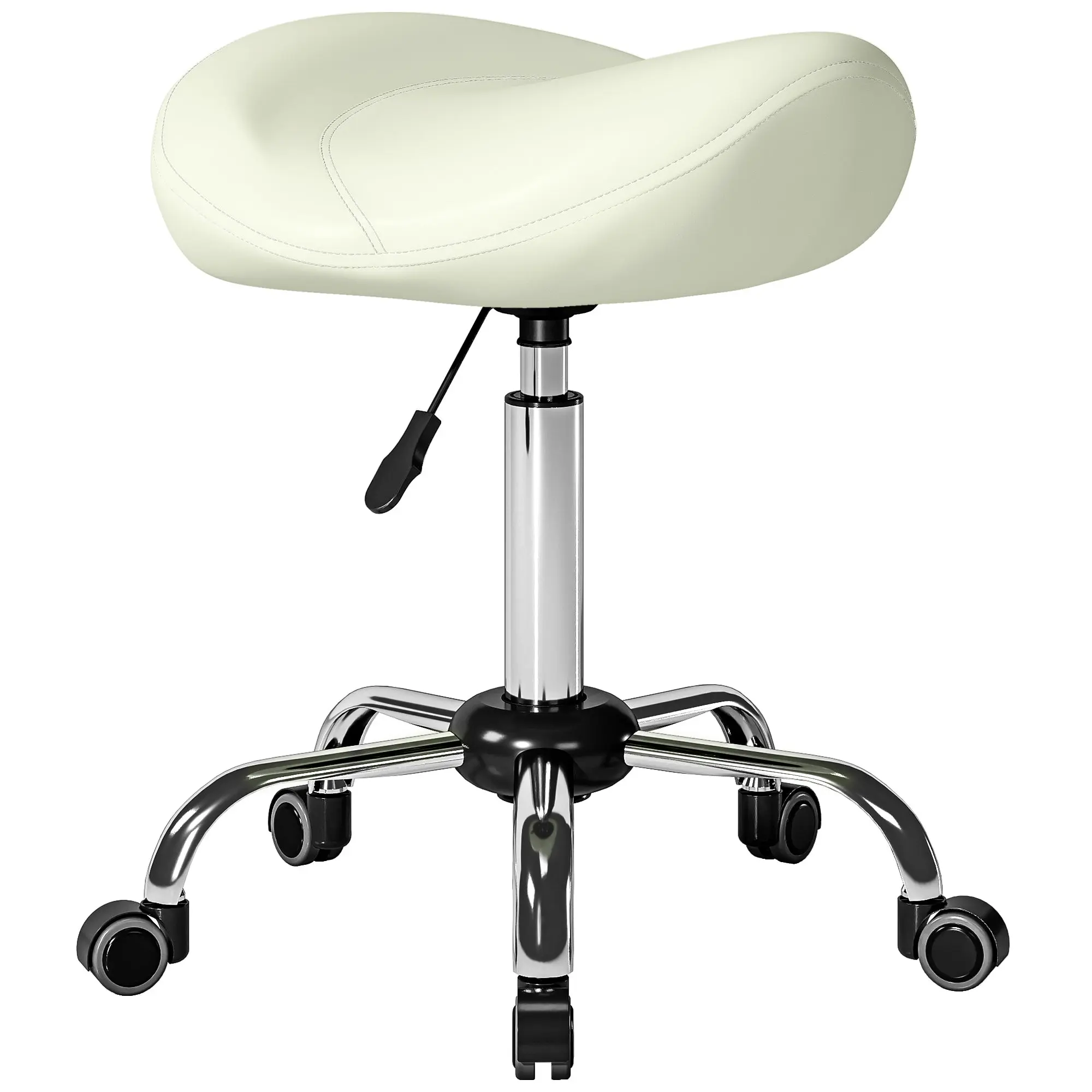 Height-Adjustable Rolling Stool 21.7–28.0 in, Swivel Saddle Seat with Thick Cushion, 360° Office/Salon Massage Spa Stool – Cream