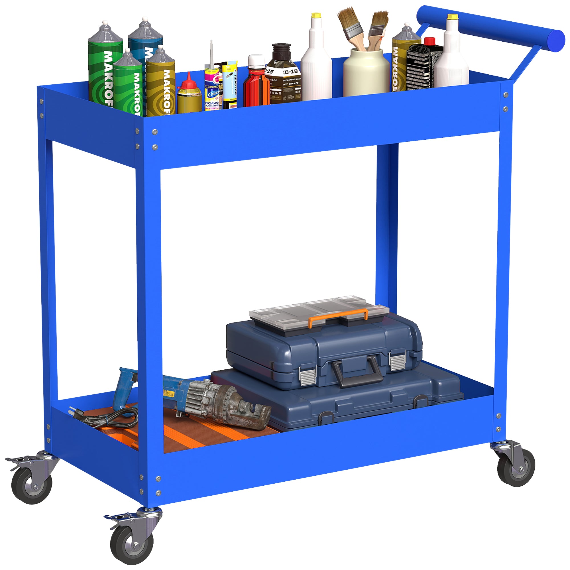 DURHAND zweistufiger Werkstattwagen mit Seitengriff & feststellbaren Rollen — 150 kg Tragkraft, 84,5 x 38 x 84 cm, Blau