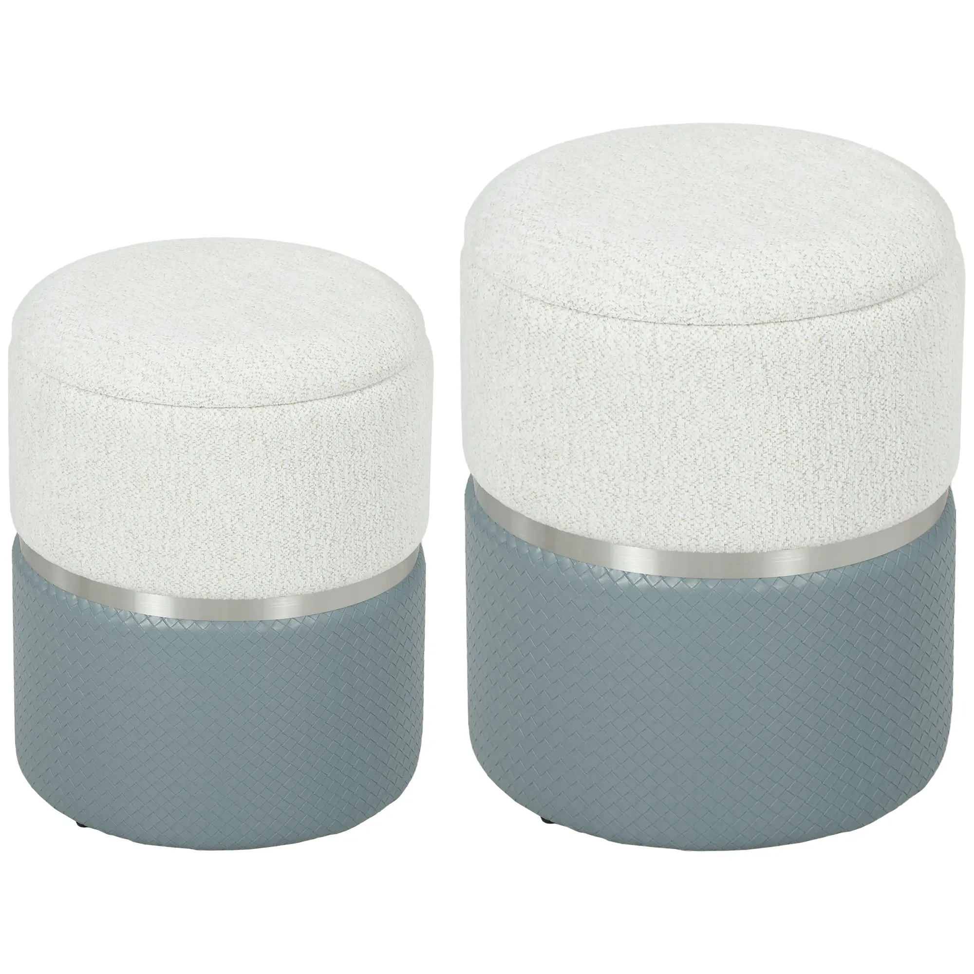 Set of 2 Round Storage Ottomans — Chenille & PU Upholstery, Padded Seat — Cream & Gray