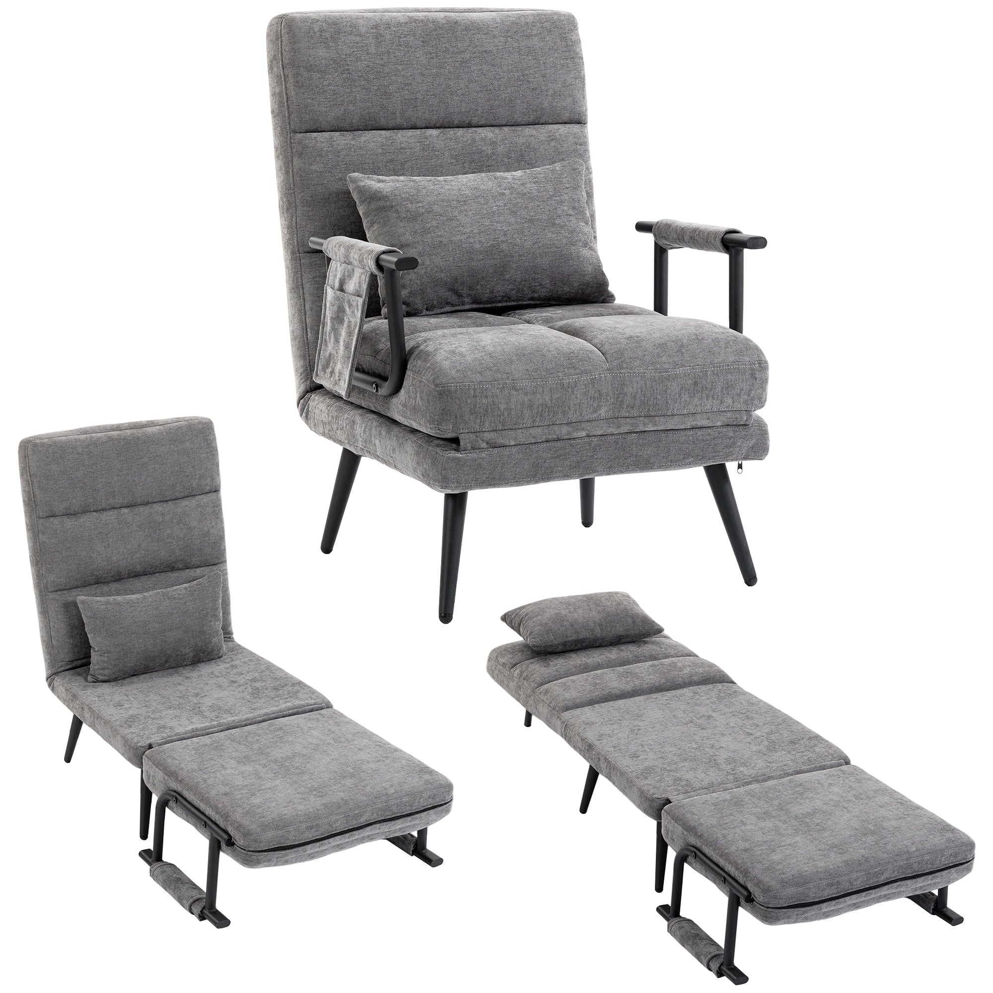 Sleeper Chair — 3-in-1 Foldable Chenille Chair with Click-Clack Backrest, Metal Frame & Pillow, Gray