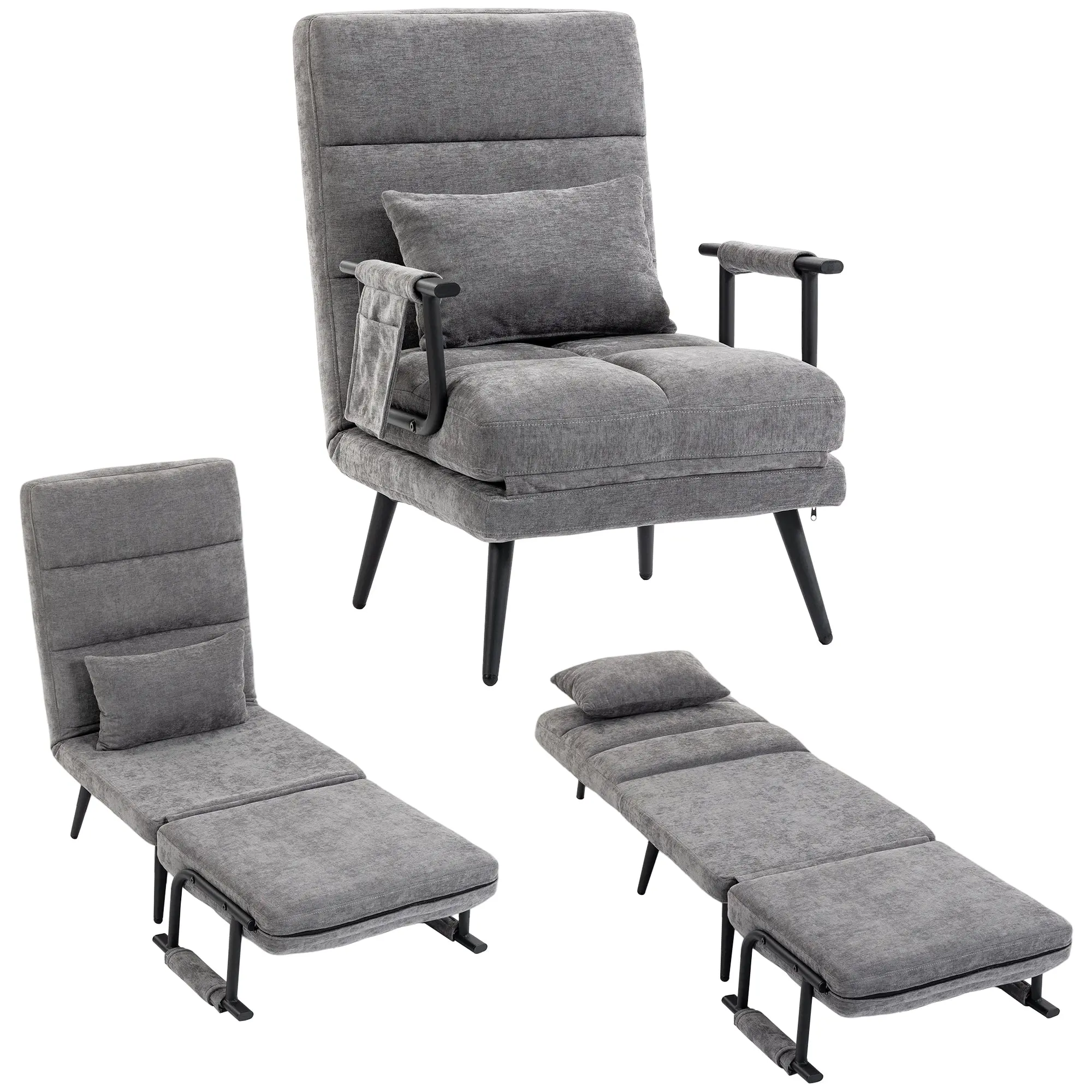Sleeper Chair, 3-in-1 Convertible Chair Bed with Chenille Fabric, Adjustable Backrest, Metal Frame & Pillow, Folding Sofa Bed for Small Spaces, Gray