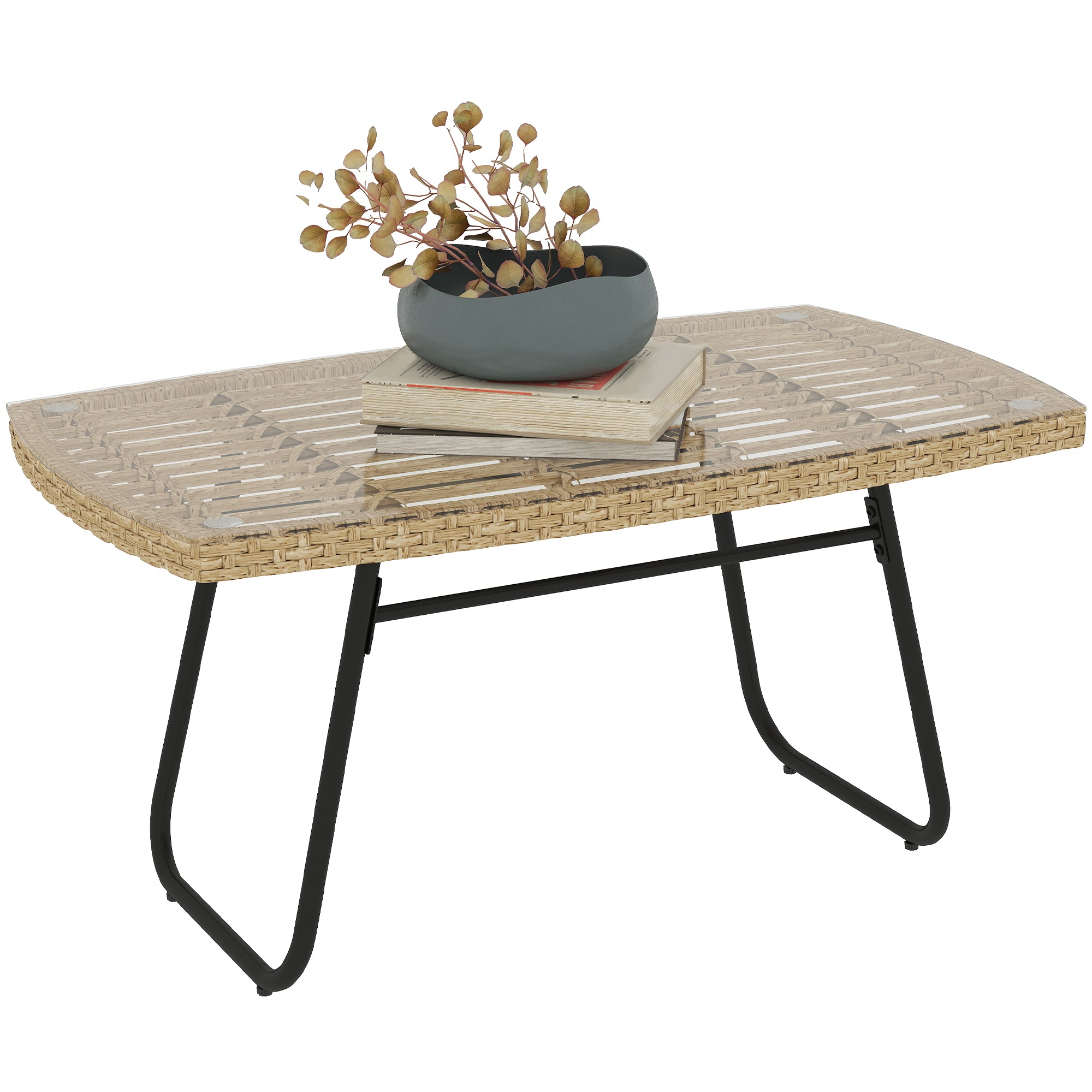 Outsunny Polyrattan Kerti Asztal, 90 x 50 x 45 cm, UV-álló Üveglapos Oldal Asztal, Téglalap alakú Terasz Asztal, Erkély Asztal a Kerthez, Teraszhoz, Erkélyhez Természetes Fa