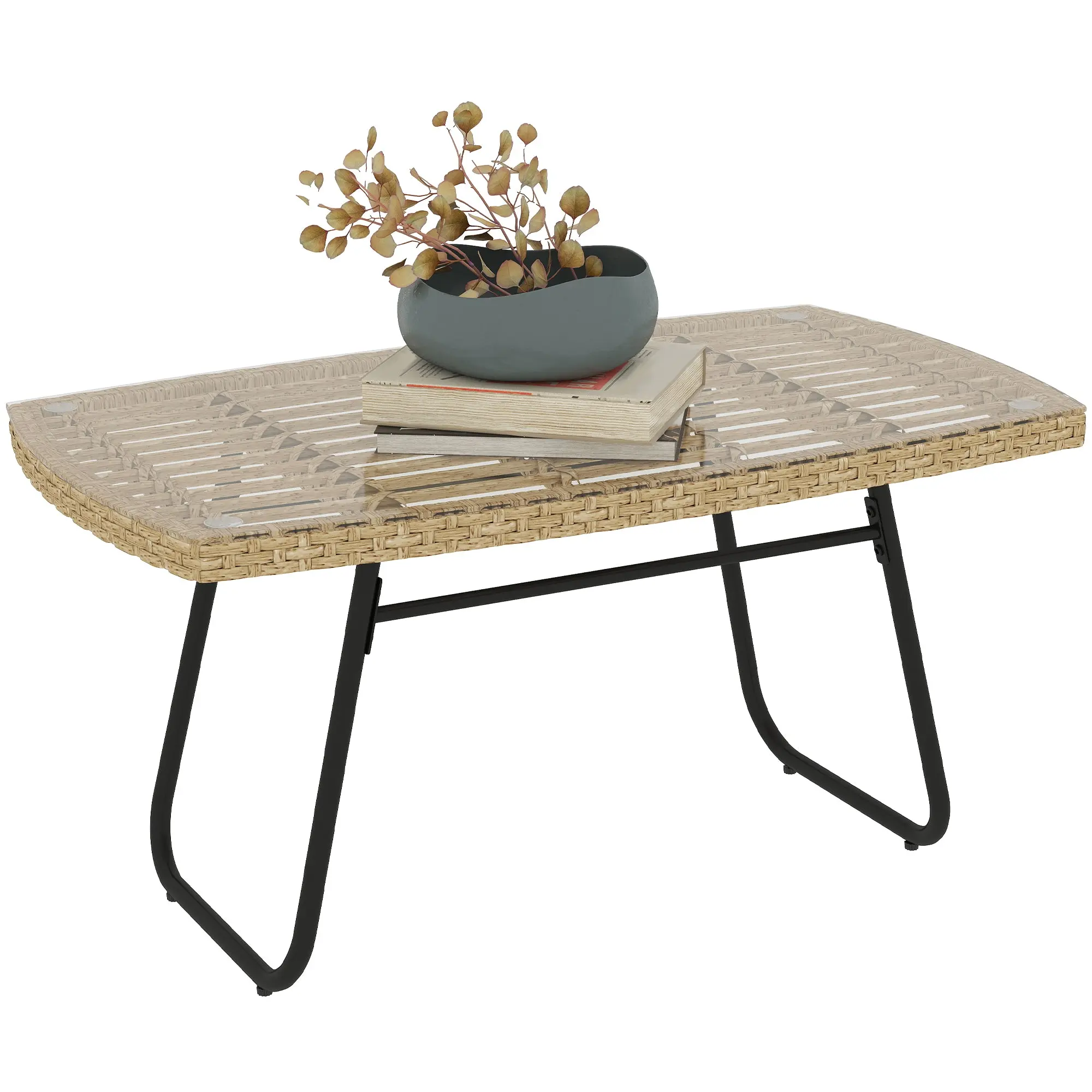 Poly Rattan Garden Table, 90 x 50 x 45 cm, UV Resistant Side Table with Glass Top, Rectangular Patio Table, Balcony Table for Garden, Patio, Balcony Natural Wood